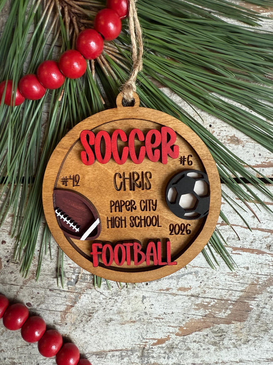 Personalized Soccer Football Player Christmas Tree Ornament | Gift for Multi Sport High School Athlete| Present for Senior in 2 Sports