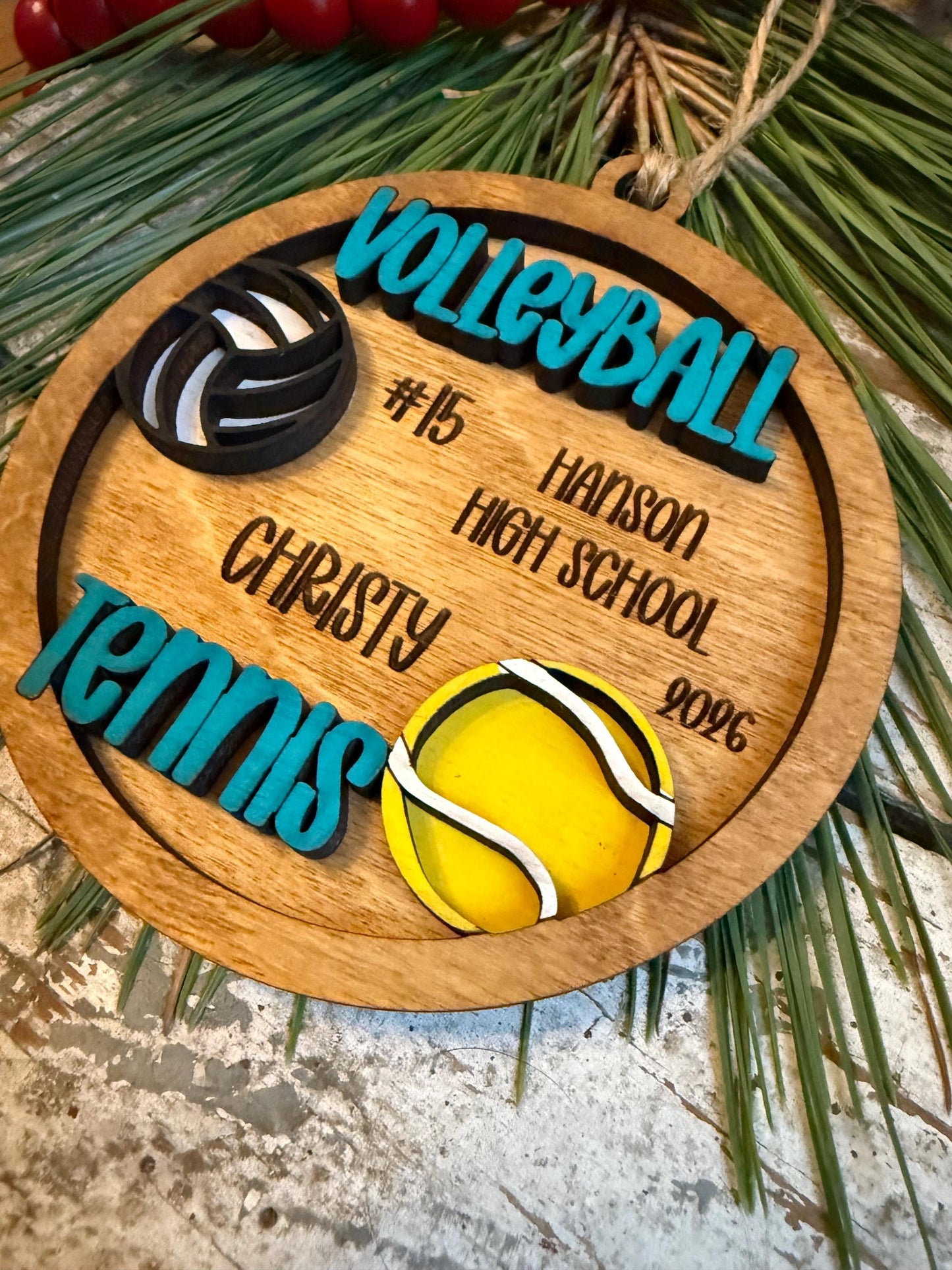 Personalized Multi Sport Volleyball Tennis Player Christmas Tree Ornament | Gift for High School Team | Custom Coach | Senior 2 Sports