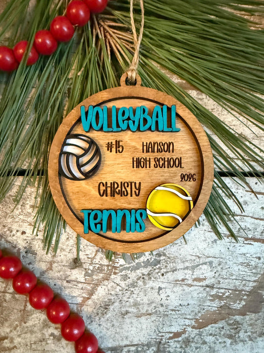 Personalized Multi Sport Volleyball Tennis Player Christmas Tree Ornament | Gift for High School Team | Custom Coach | Senior 2 Sports