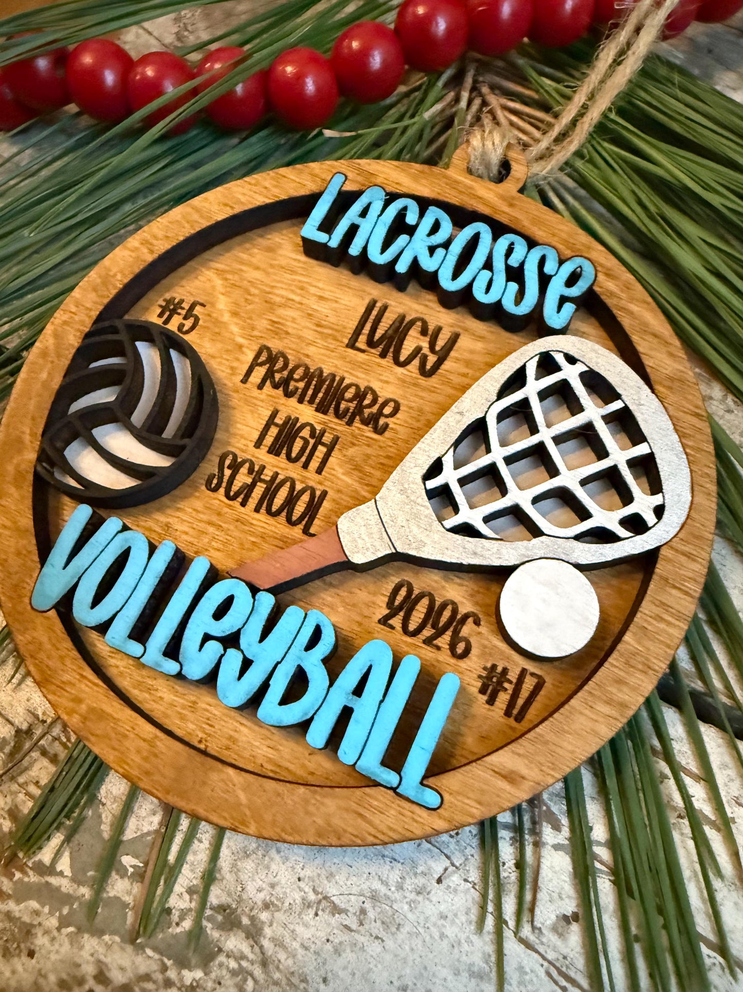 Personalized Multi Sport Lacrosse Volleyball Player Christmas Tree Ornament | Gift for High School Team | Custom Coach | Senior 2 Sports