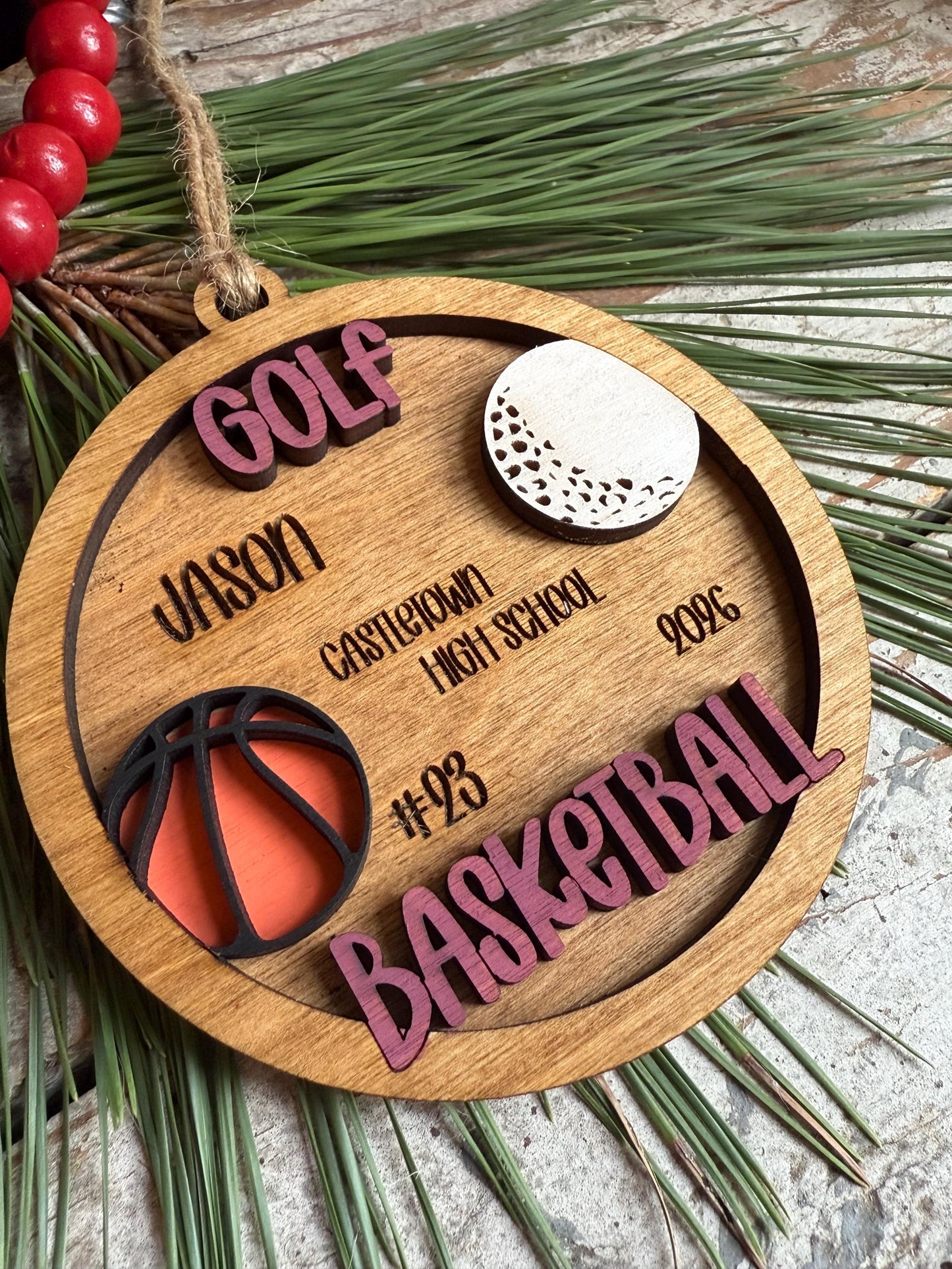 Personalized Golf Basketball Player Christmas Tree Ornament | Gift for Multi Sport High School Athlete| Present for Senior in 2 Sports