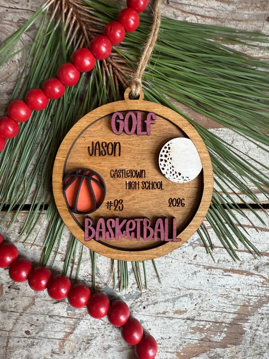 Personalized Golf Basketball Player Christmas Tree Ornament | Gift for Multi Sport High School Athlete| Present for Senior in 2 Sports