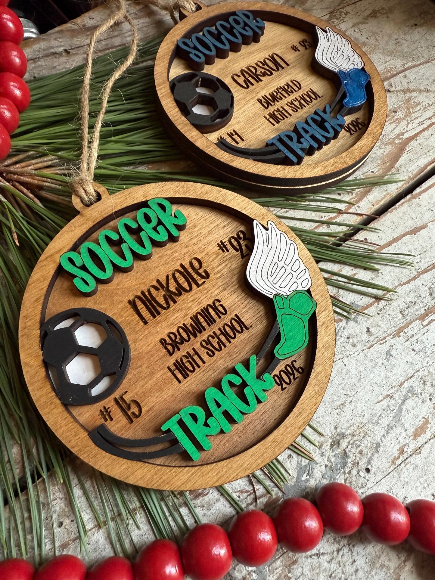 Personalized Soccer Track Christmas Tree Ornament | Gift for Multi Sport High School Athlete| Present for Senior in 2 Sports