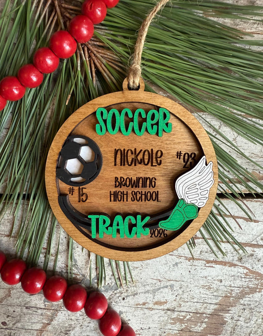 Personalized Soccer Track Christmas Tree Ornament | Gift for Multi Sport High School Athlete| Present for Senior in 2 Sports