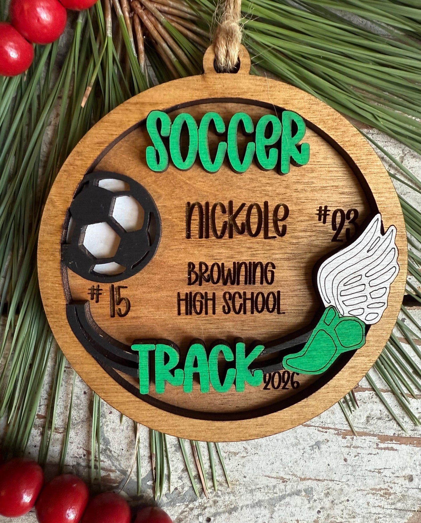 Personalized Soccer Track Christmas Tree Ornament | Gift for Multi Sport High School Athlete| Present for Senior in 2 Sports