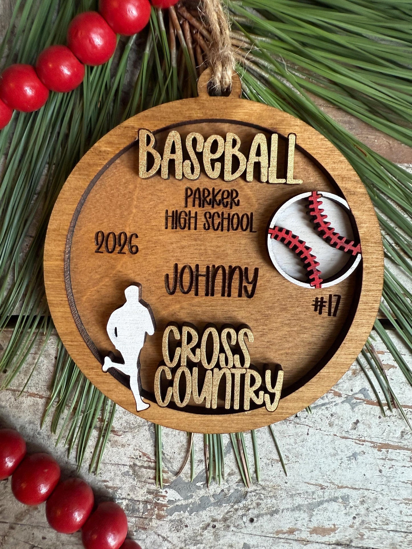Personalized Multi Sport Baseball and Cross-Country Christmas Tree Ornament | Gift for High School Team | Senior
