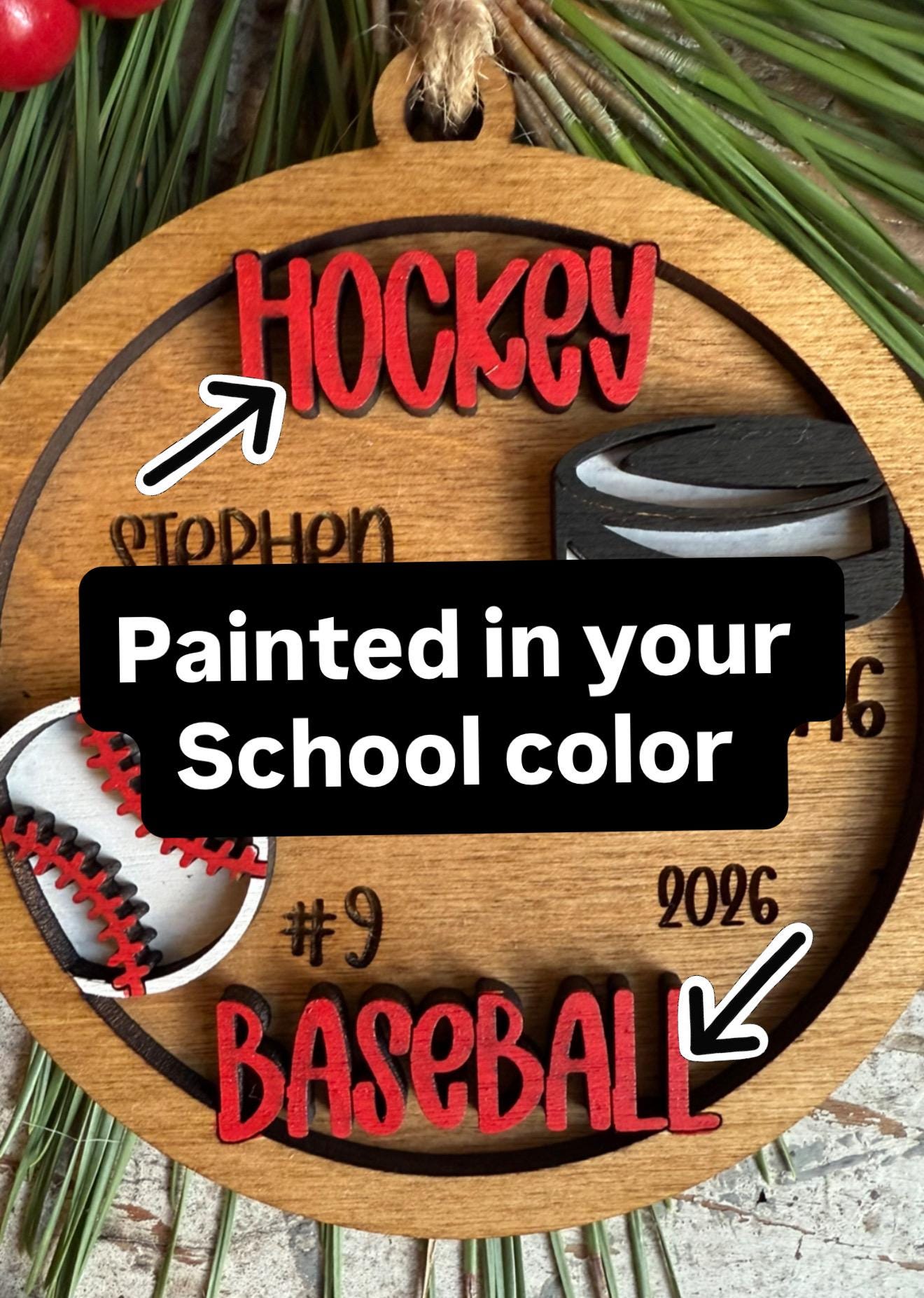 Personalized Baseball Hockey Player Christmas Tree Ornament | Gift for Multi Sport High School Athlete| Senior Baseball Hockey 2 Sport