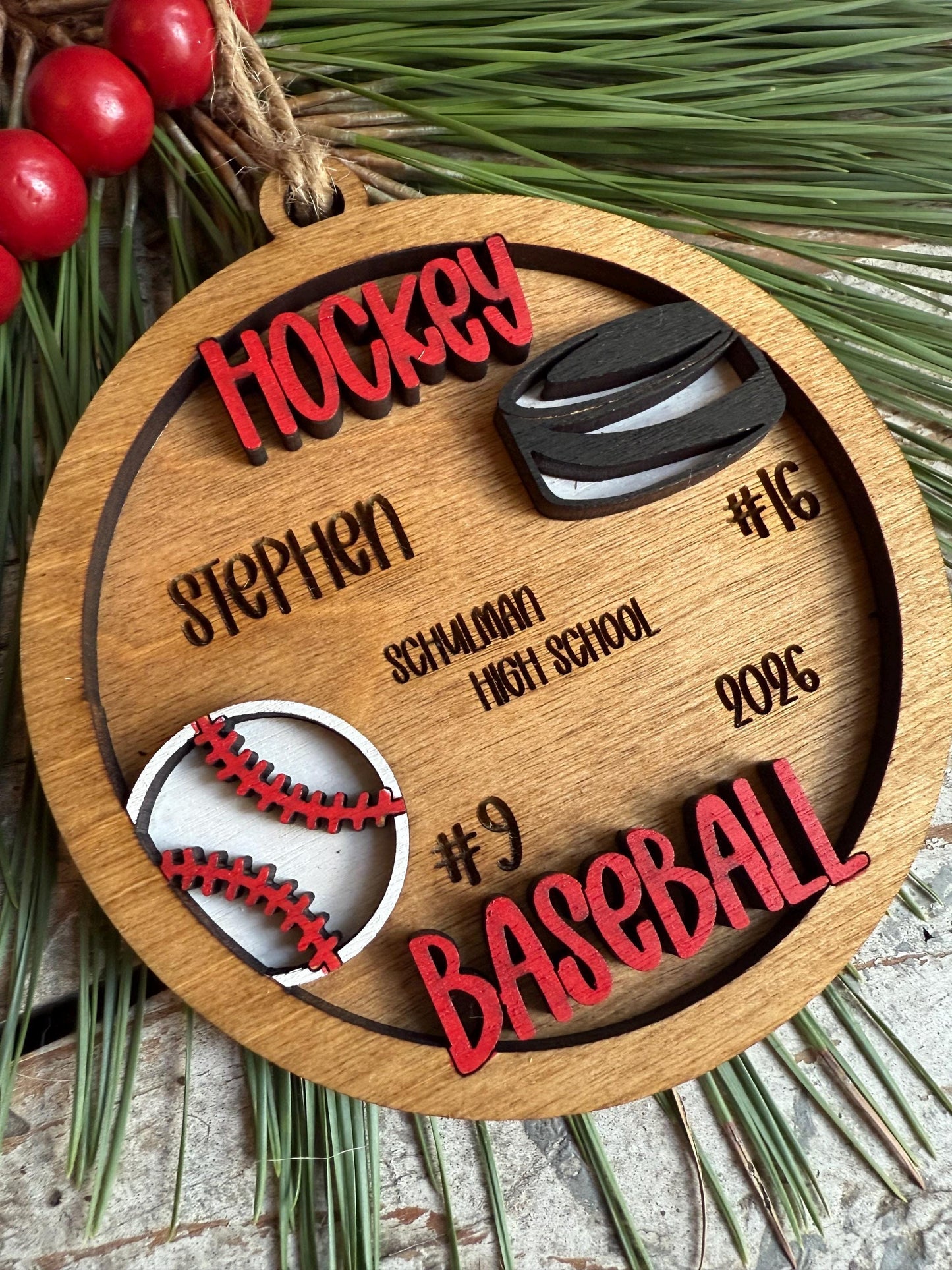 Personalized Baseball Hockey Player Christmas Tree Ornament | Gift for Multi Sport High School Athlete| Senior Baseball Hockey 2 Sport