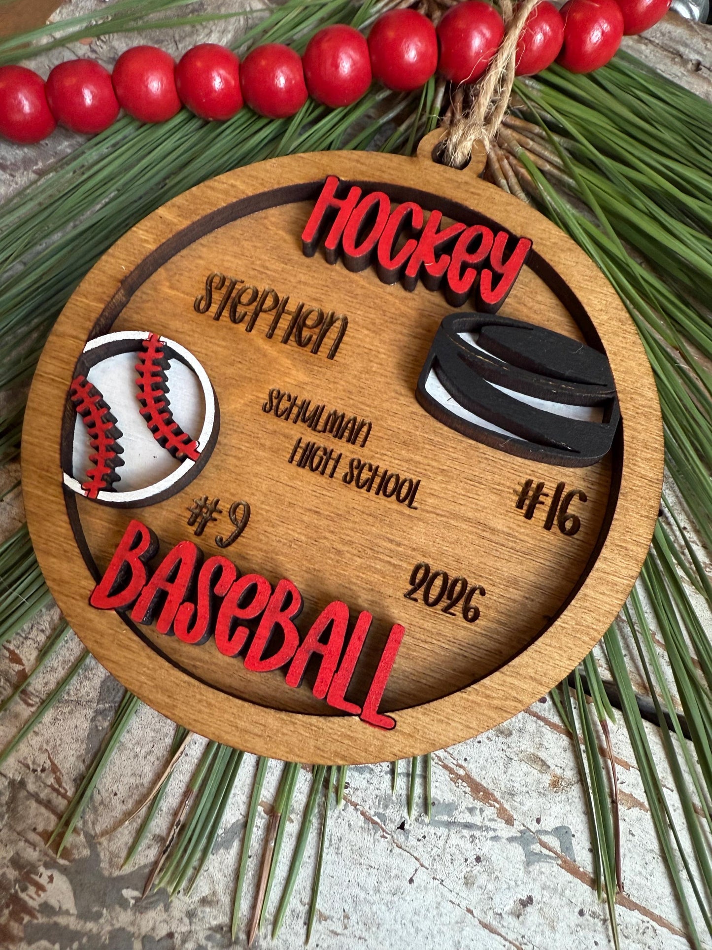 Personalized Baseball Hockey Player Christmas Tree Ornament | Gift for Multi Sport High School Athlete| Senior Baseball Hockey 2 Sport