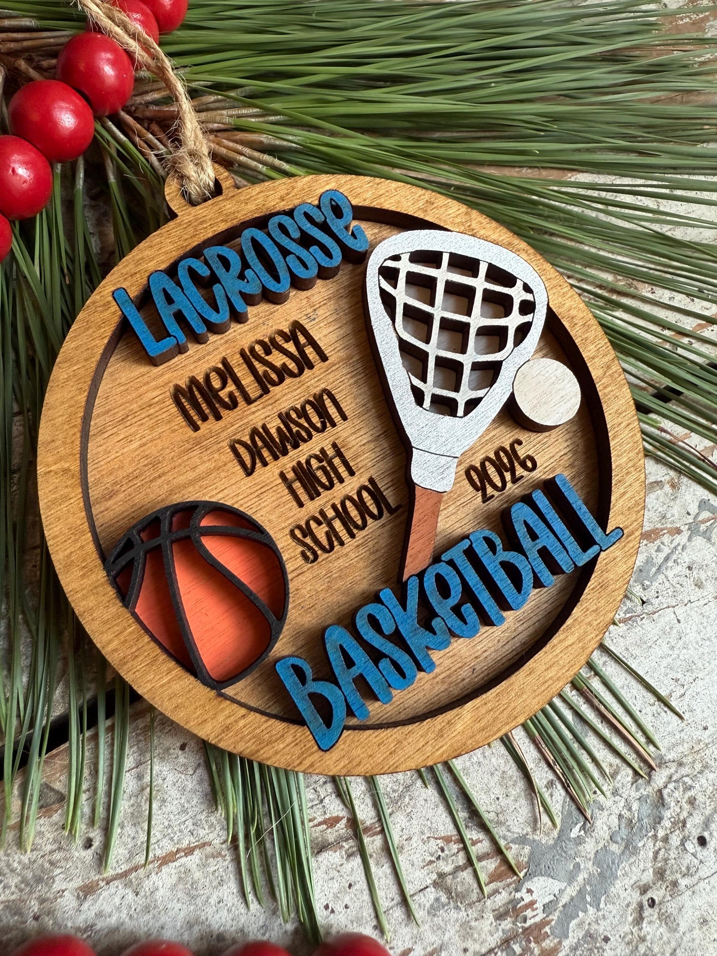 Personalized Lacrosse Basketball Player Multi Sport Christmas Tree Ornament | Gift for High School Team | Custom Coach | Senior 2 Sports