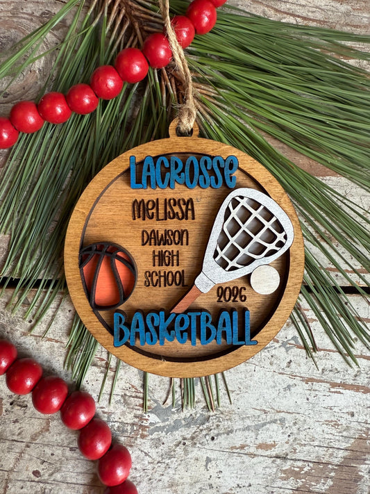 Personalized Lacrosse Basketball Player Multi Sport Christmas Tree Ornament | Gift for High School Team | Custom Coach | Senior 2 Sports