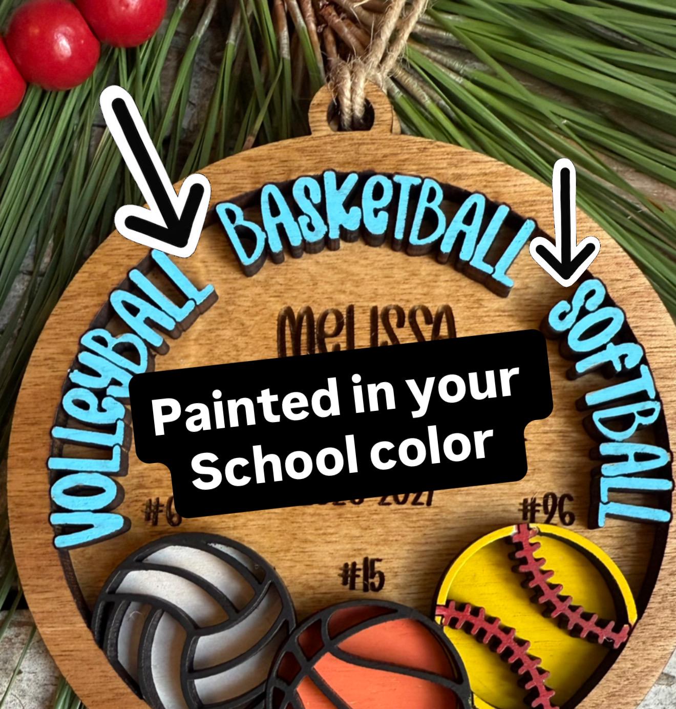 Personalized Multi Sport Volleyball Basketball Softball Player Christmas Tree Ornament | Gift for Senior 3 Sports