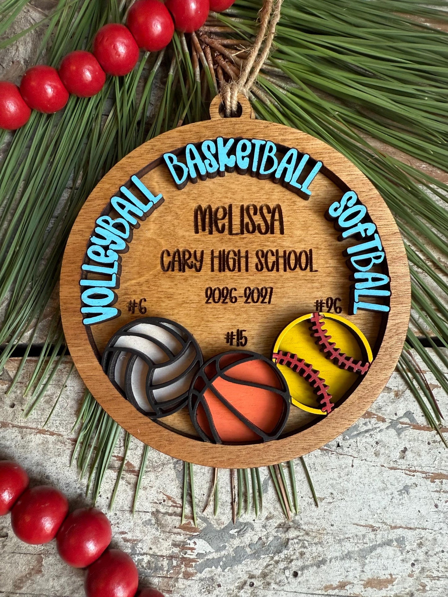 Personalized Multi Sport Volleyball Basketball Softball Player Christmas Tree Ornament | Gift for Senior 3 Sports