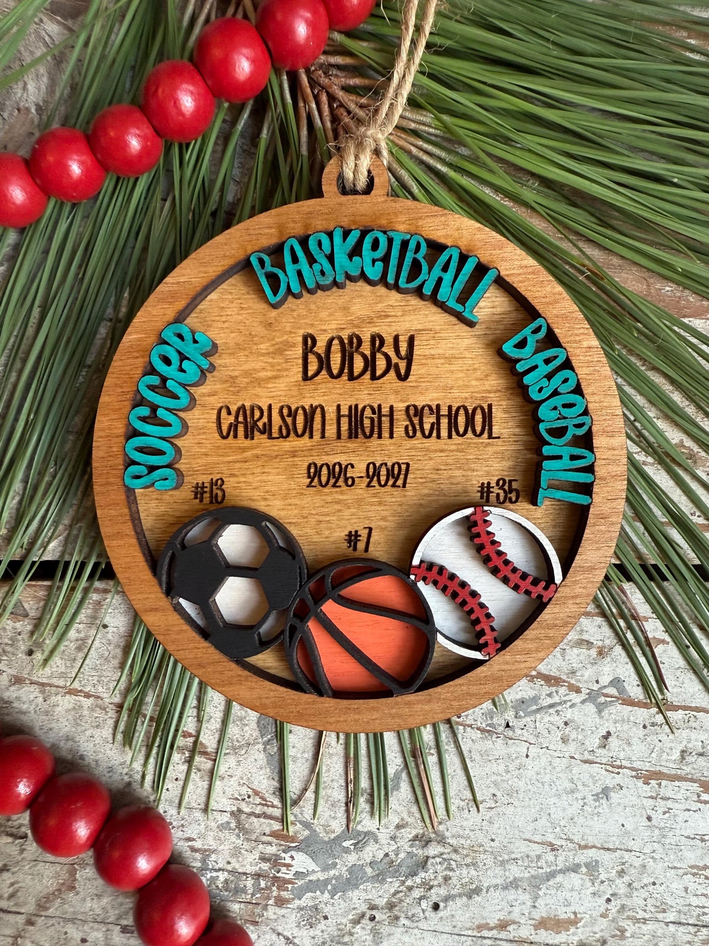 Personalized Multi Sport Soccer Basketball Baseball Player Christmas Tree Ornament | Gift for Senior 3 Sports