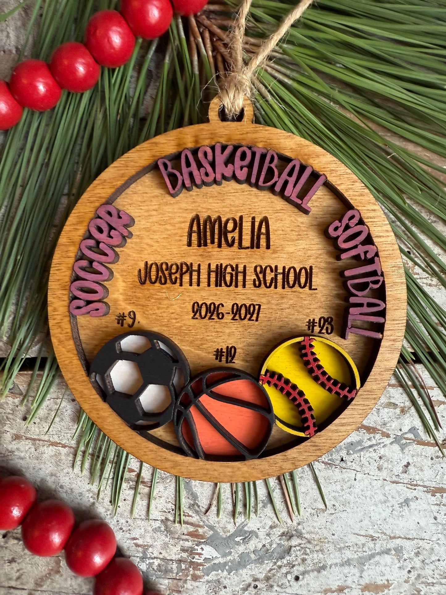 Personalized Multi Sport Soccer Basketball Softball Player Christmas Tree Ornament | Gift for Senior 3 Sports