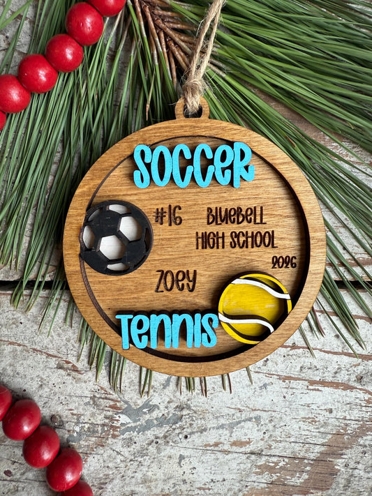 Personalized Soccer Tennis Player Christmas Tree Ornament | Gift for Multi Sport High School Athlete| Present for Senior in 2 Sports