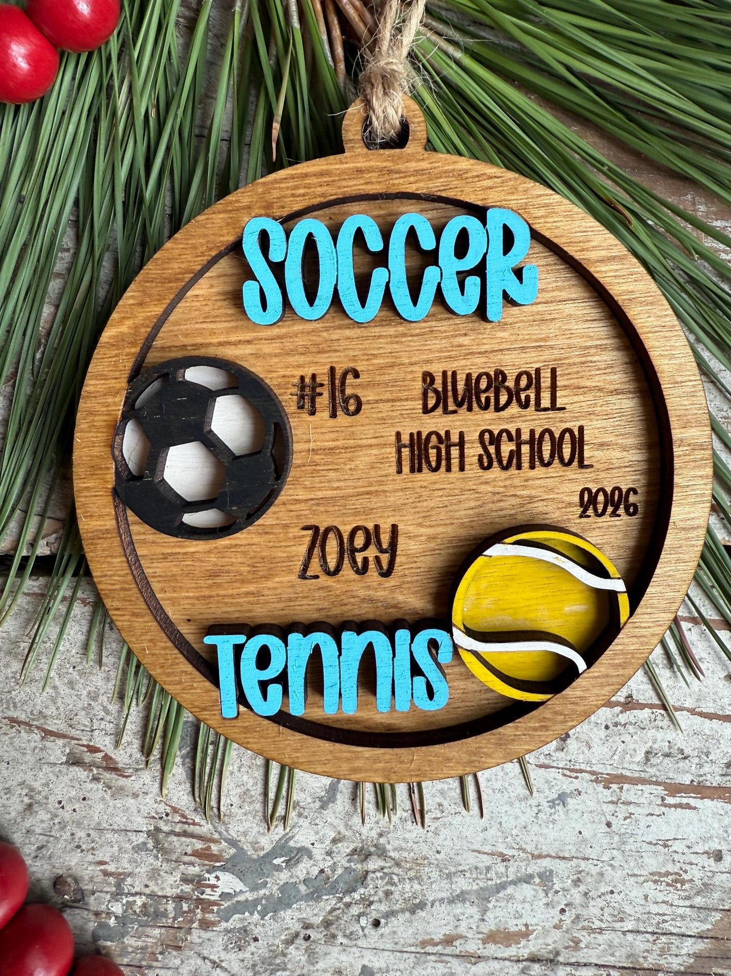 Personalized Soccer Tennis Player Christmas Tree Ornament | Gift for Multi Sport High School Athlete| Present for Senior in 2 Sports