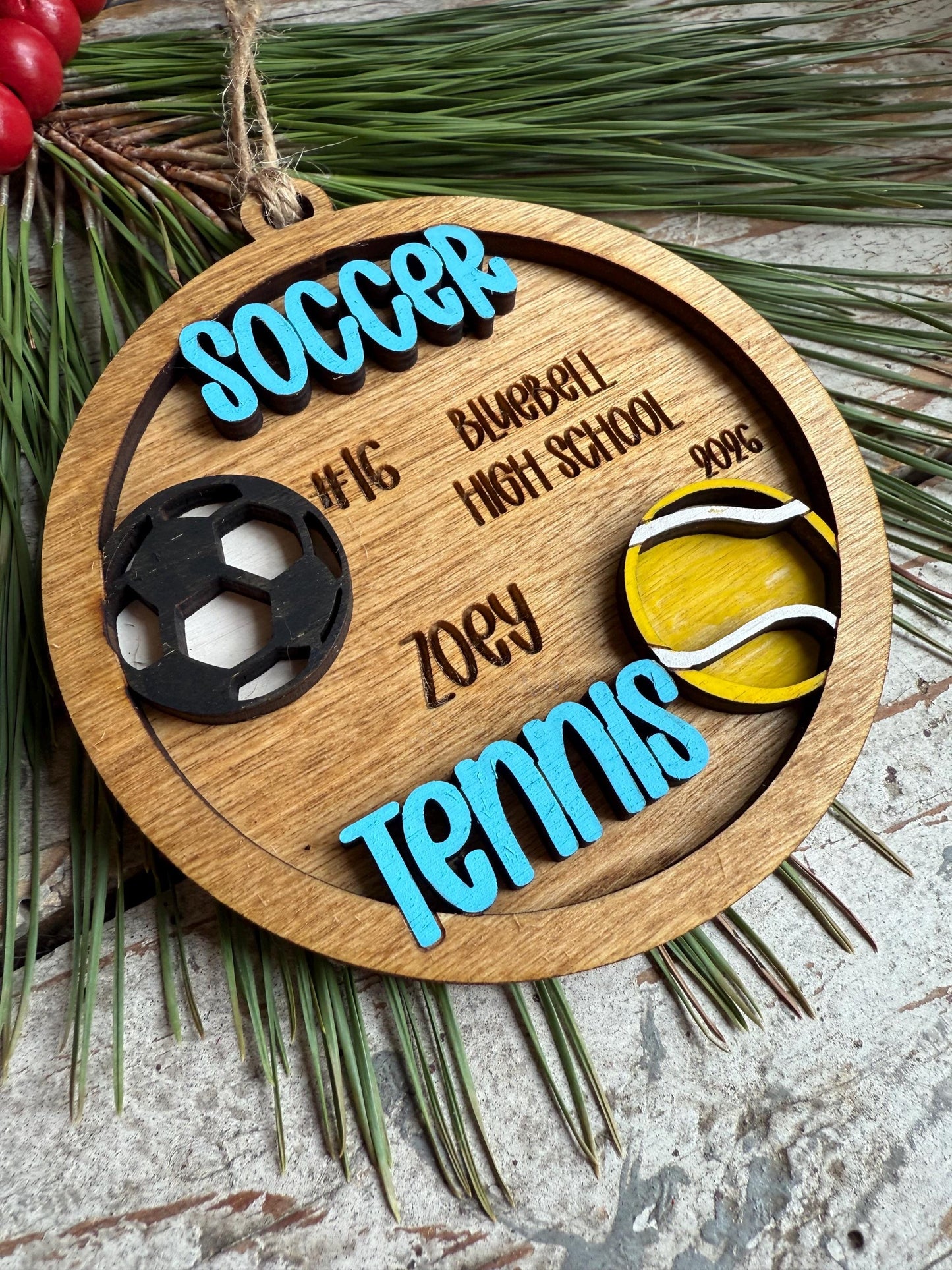 Personalized Soccer Tennis Player Christmas Tree Ornament | Gift for Multi Sport High School Athlete| Present for Senior in 2 Sports