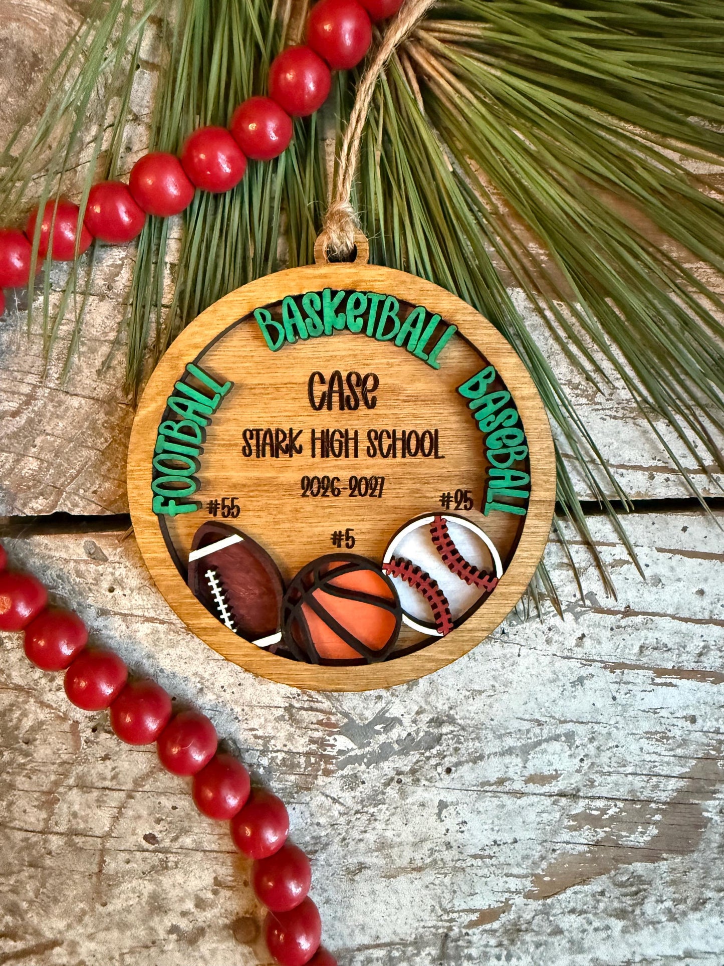 Personalized Multi Sport Football Basketball Baseball Player Christmas Tree Ornament | Gift for Senior 3 Sports