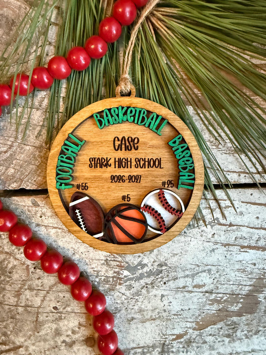 Personalized Multi Sport Football Basketball Baseball Player Christmas Tree Ornament | Gift for Senior 3 Sports