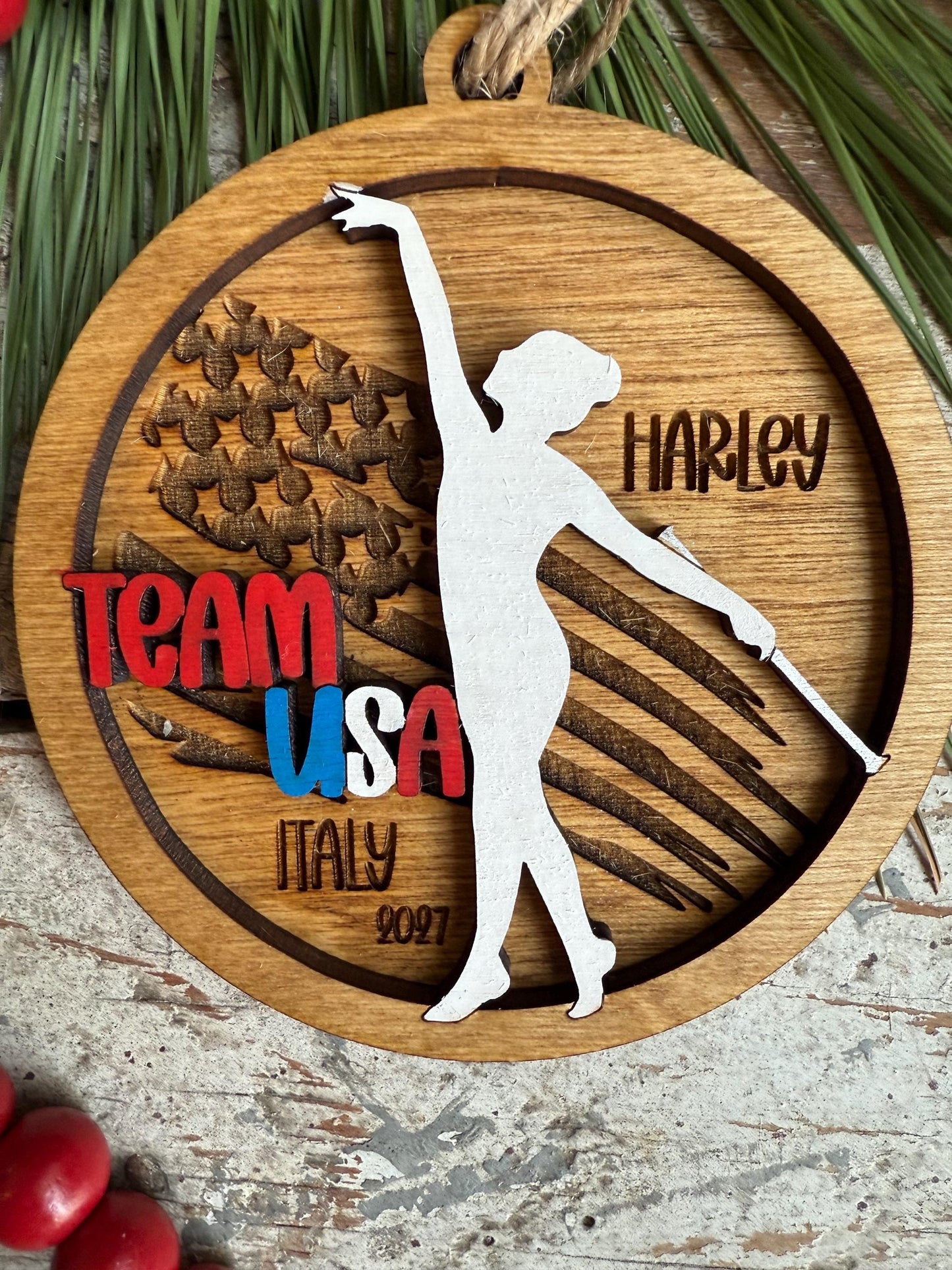 Personalized Team USA Twirler Marching Band Christmas Tree Ornament | Baton Twirler Majorette Custom Gift