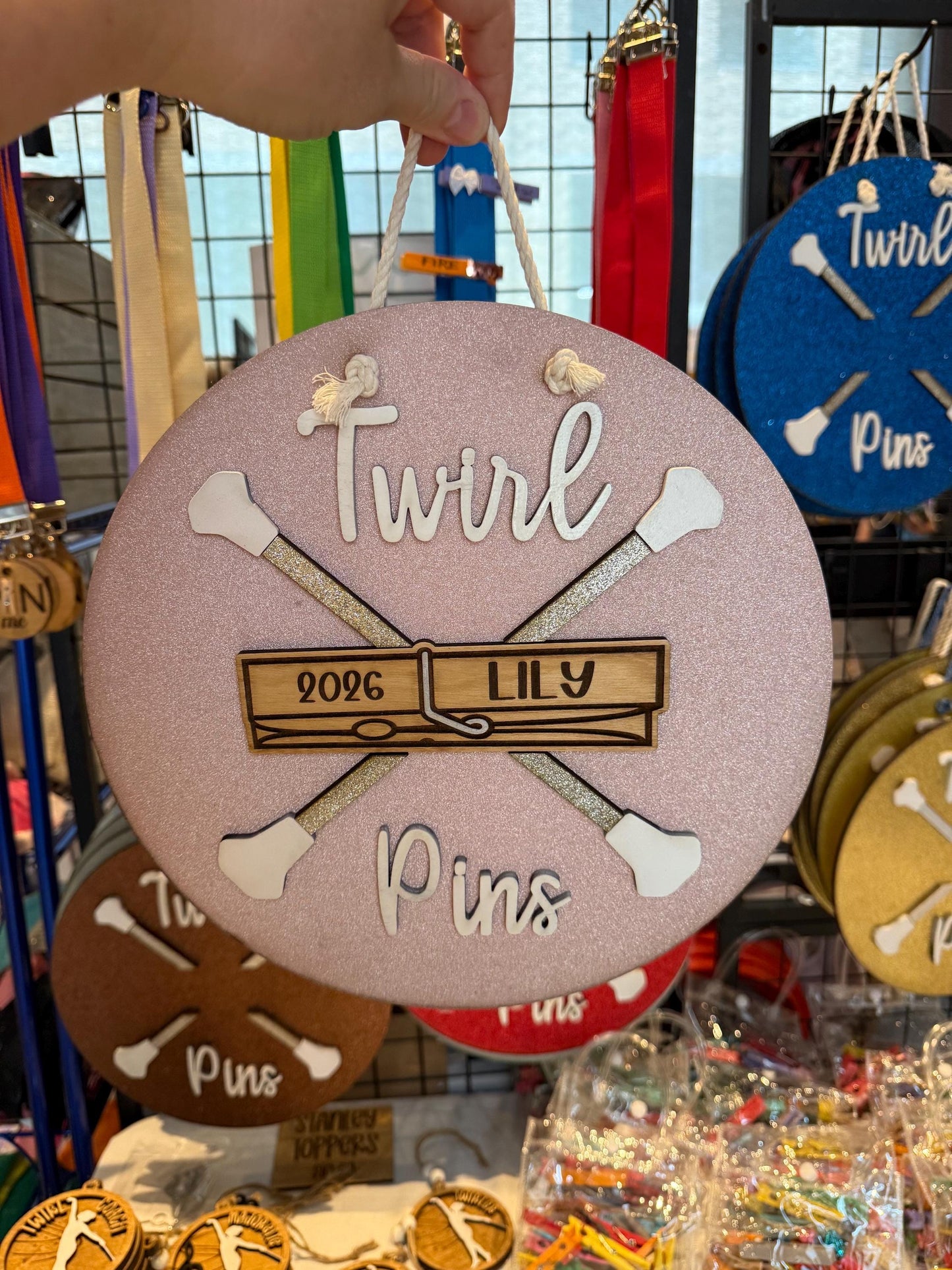 Twirl Pin Holder Personalized Glitter Pin Display | Baton Twirler Clothespins Sign | Feature Twirler Majorette Spirit Pins