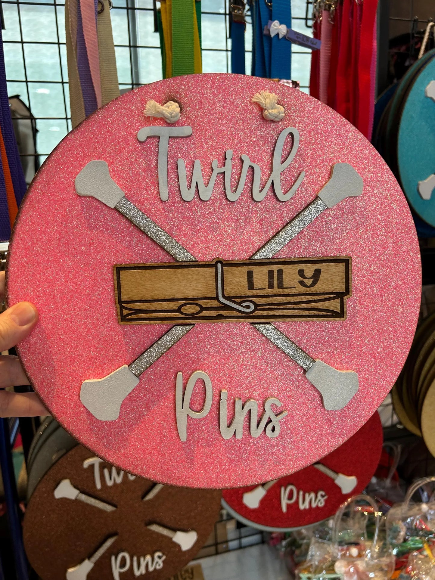 Twirl Pin Holder Personalized Glitter Pin Display | Baton Twirler Clothespins Sign | Feature Twirler Majorette Spirit Pins