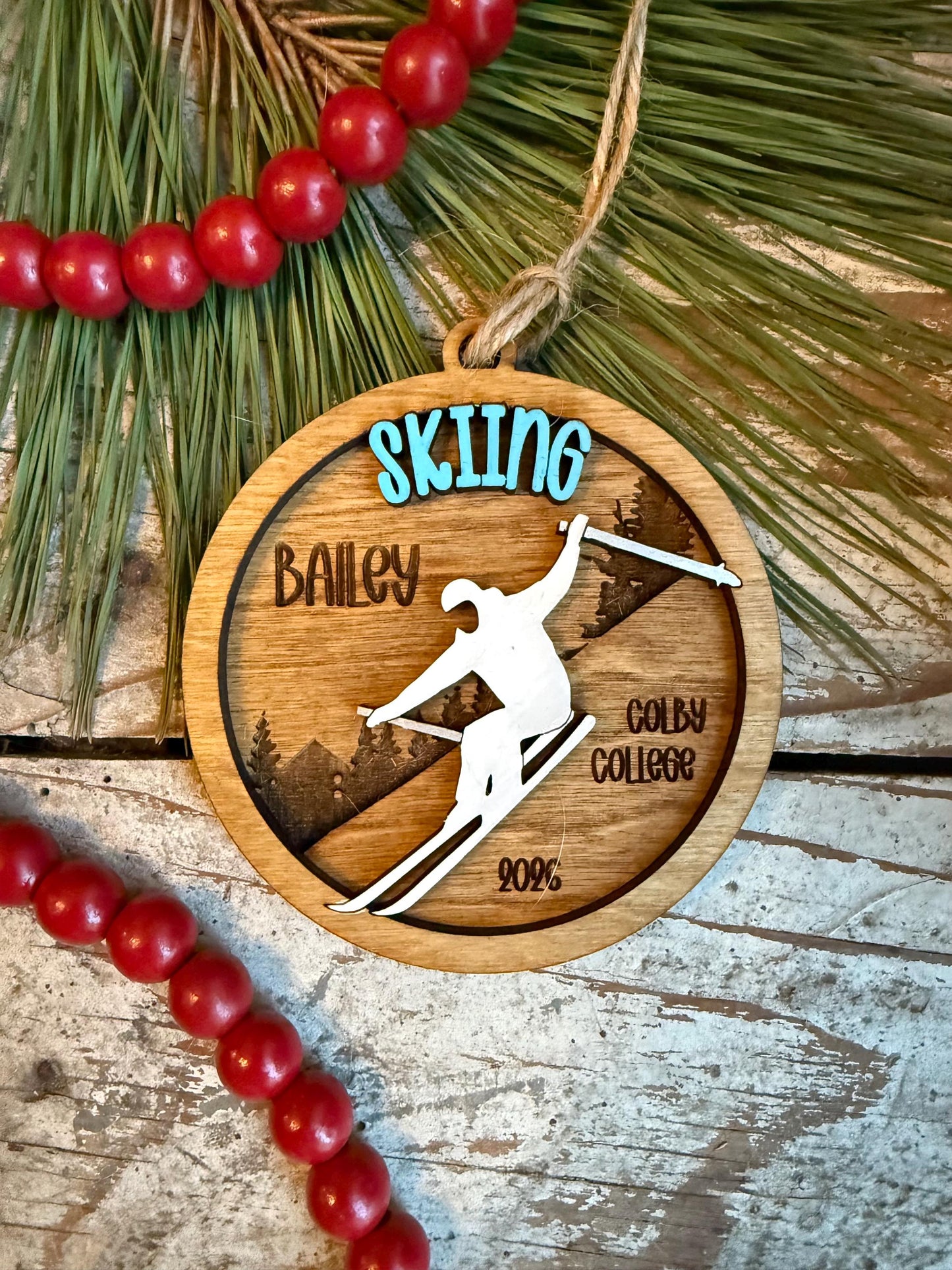 Personalized Downhill Skiing Christmas Tree Ornament | Gift for College Ski Team | Custom Skiing Vacation Keepsake