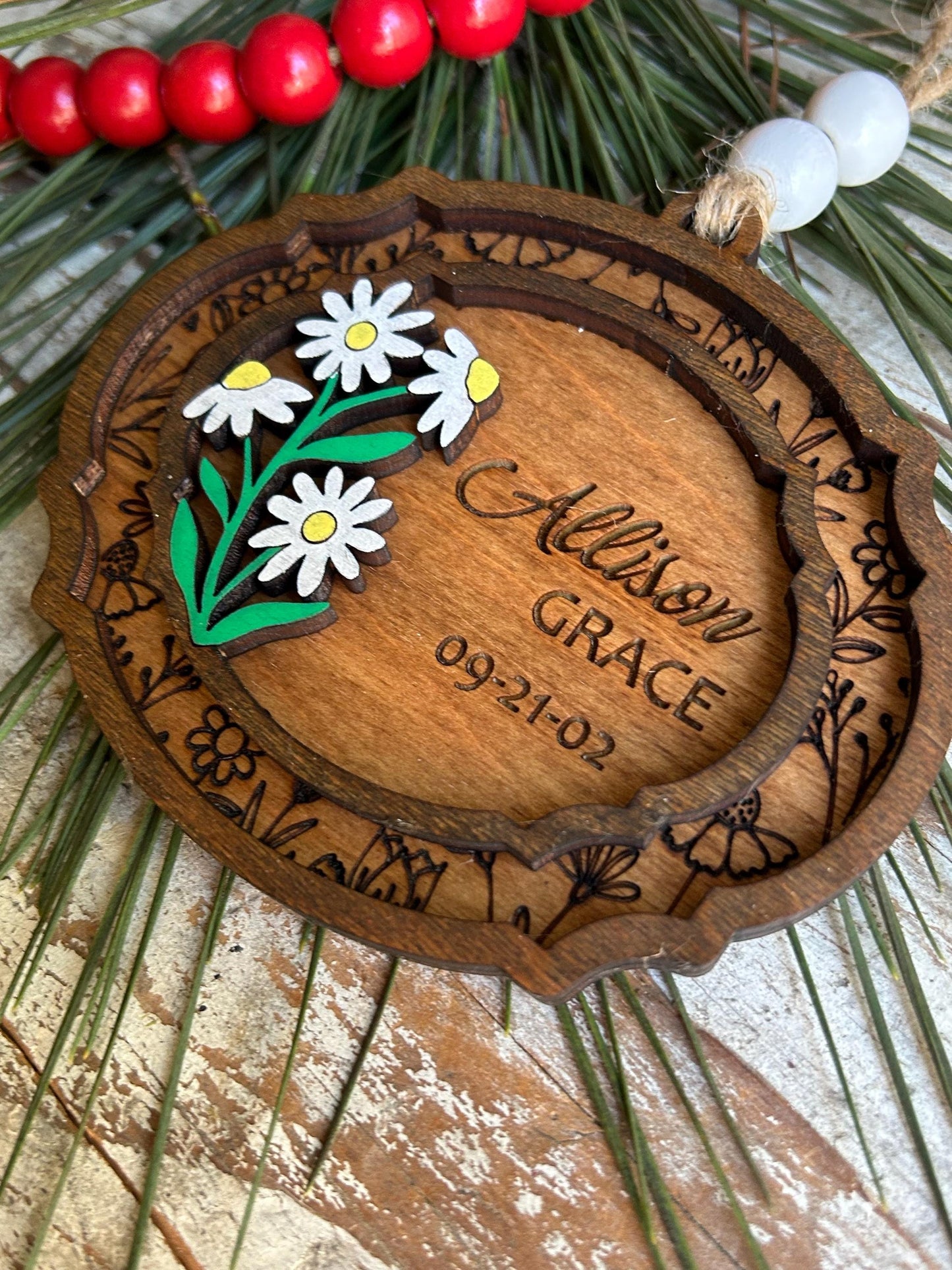 Daisy Bouquet Personalized Baby’s First Christmas Ornament | New Baby Ornament | Newborn Keepsake | Daisies