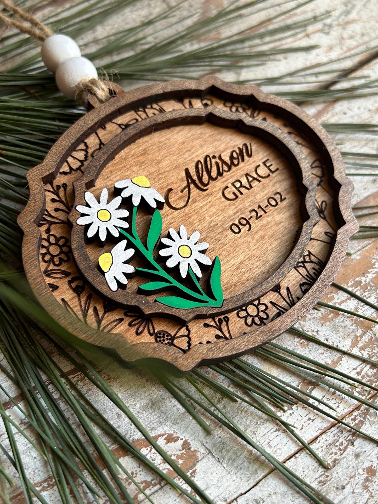Daisy Bouquet Personalized Baby’s First Christmas Ornament | New Baby Ornament | Newborn Keepsake | Daisies