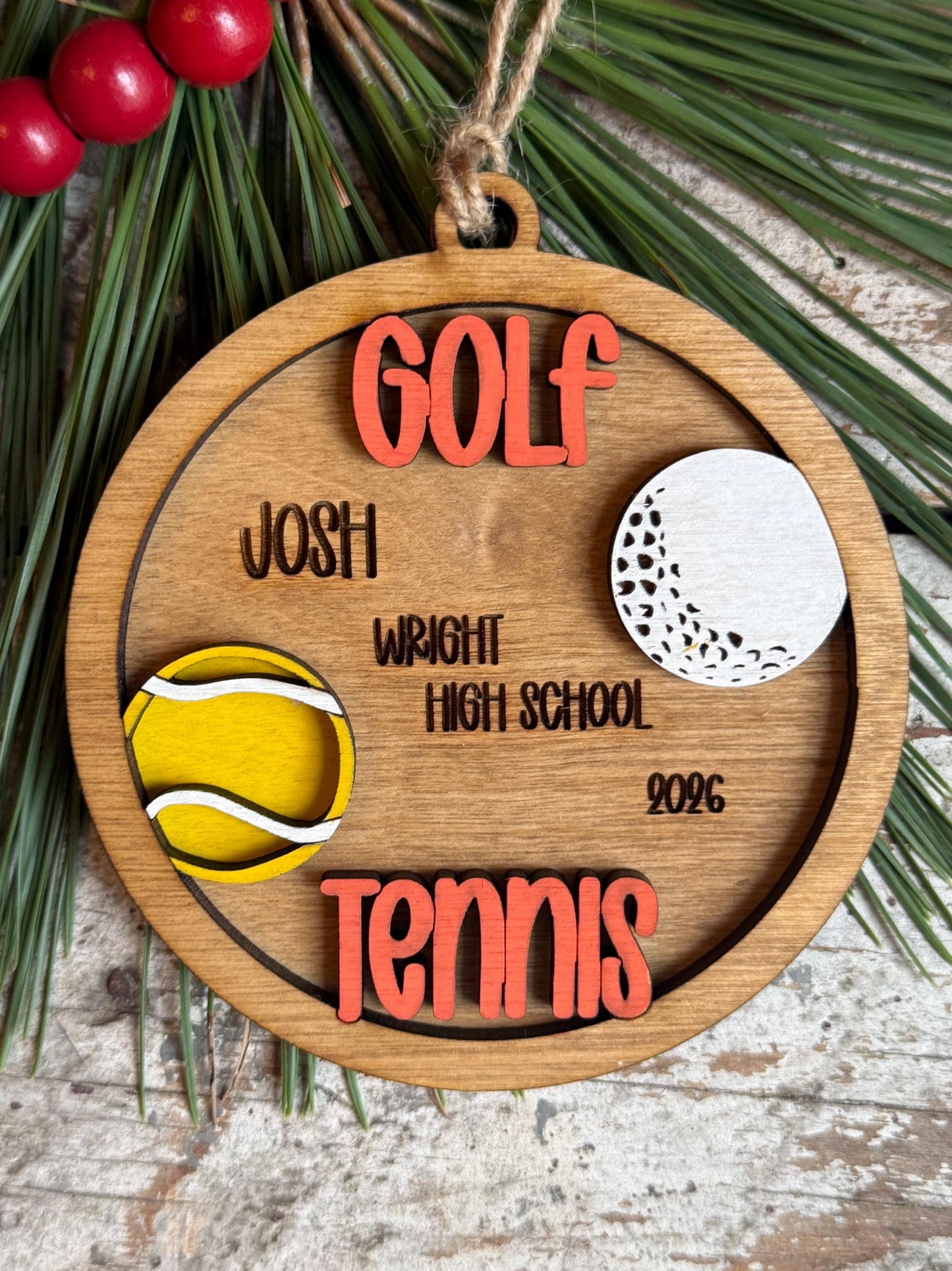 Personalized Golf Tennis Player Christmas Tree Ornament | Gift for Multi Sport High School Athlete| Present for Senior in 2 Sports