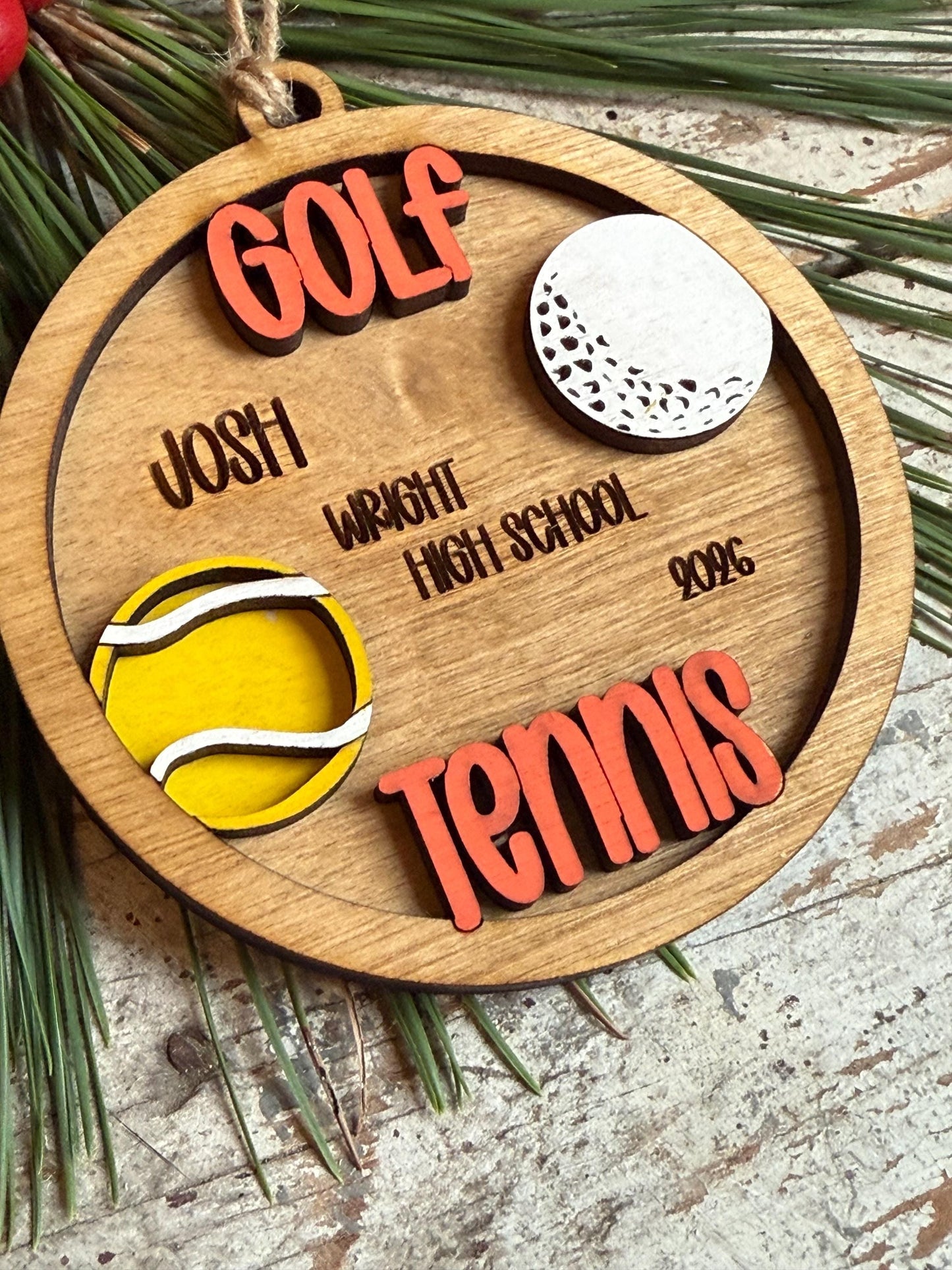 Personalized Golf Tennis Player Christmas Tree Ornament | Gift for Multi Sport High School Athlete| Present for Senior in 2 Sports