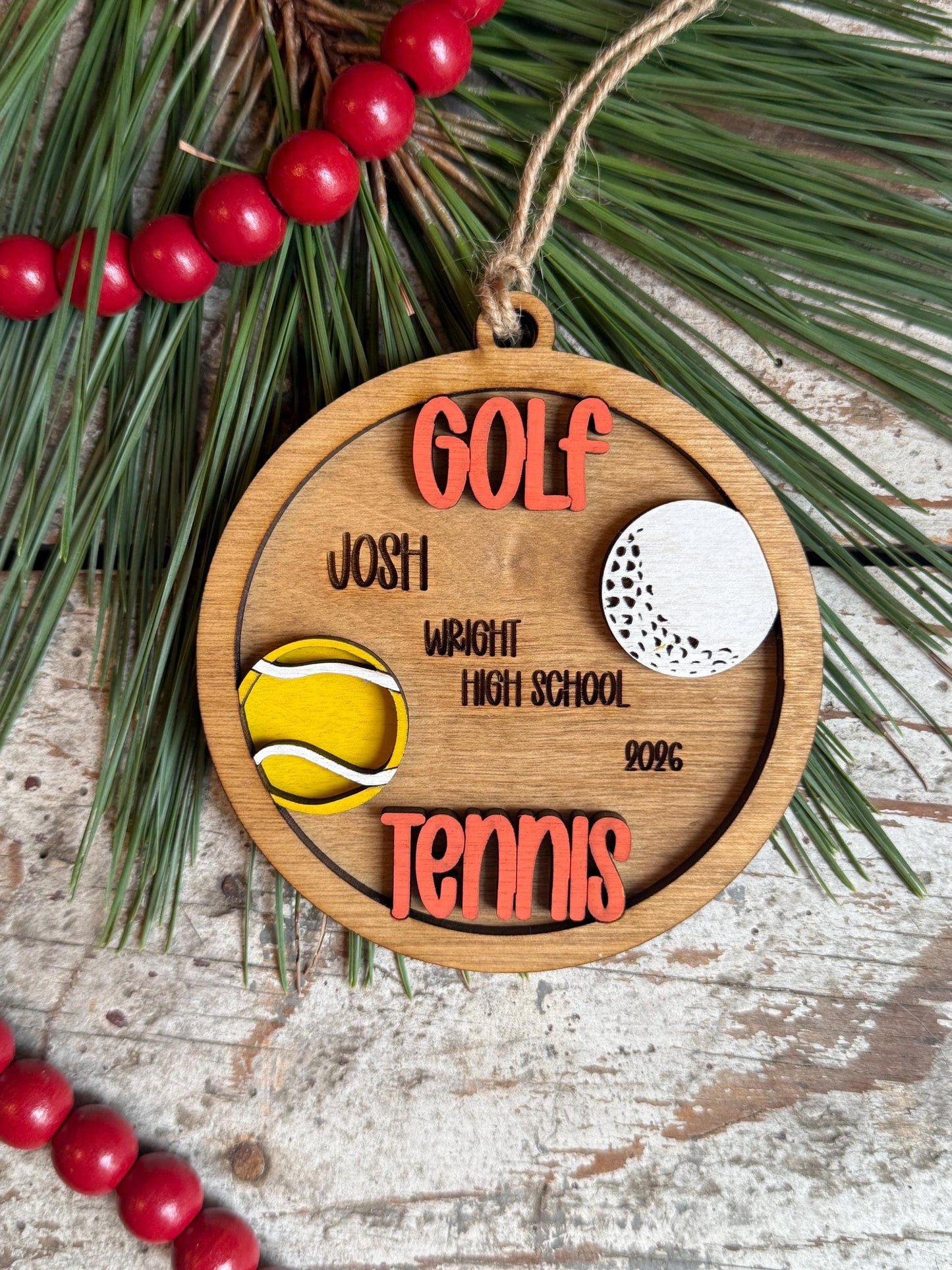 Personalized Golf Tennis Player Christmas Tree Ornament | Gift for Multi Sport High School Athlete| Present for Senior in 2 Sports