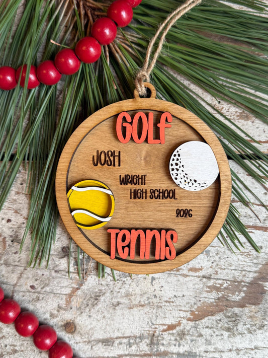 Personalized Golf Tennis Player Christmas Tree Ornament | Gift for Multi Sport High School Athlete| Present for Senior in 2 Sports