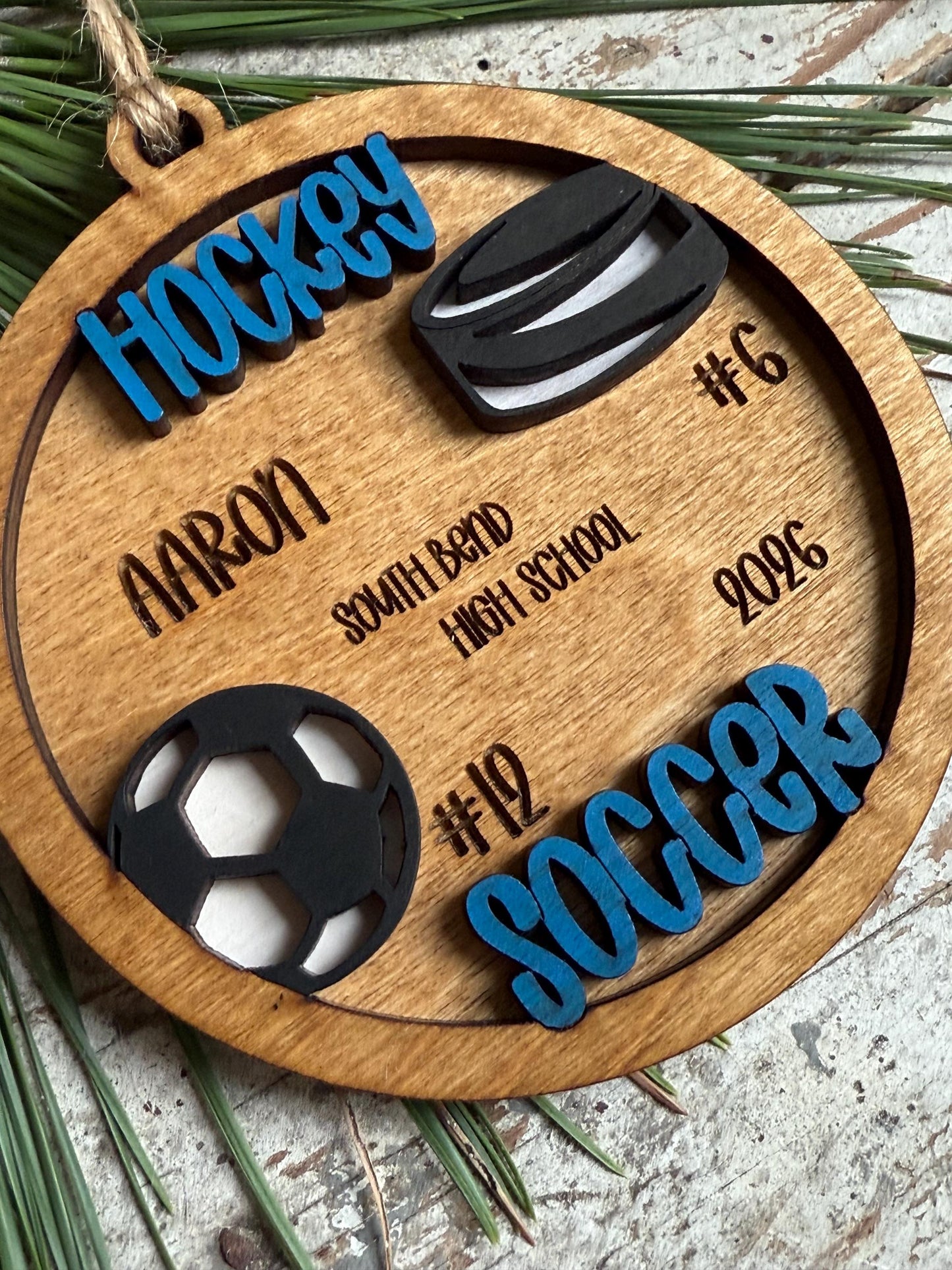 Personalized Hockey Soccer Player Ornament | Custom Multi-Sport High School Christmas Tree Decoration | Senior 2 Sport Athlete