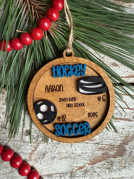 Personalized Hockey Soccer Player Ornament | Custom Multi-Sport High School Christmas Tree Decoration | Senior 2 Sport Athlete