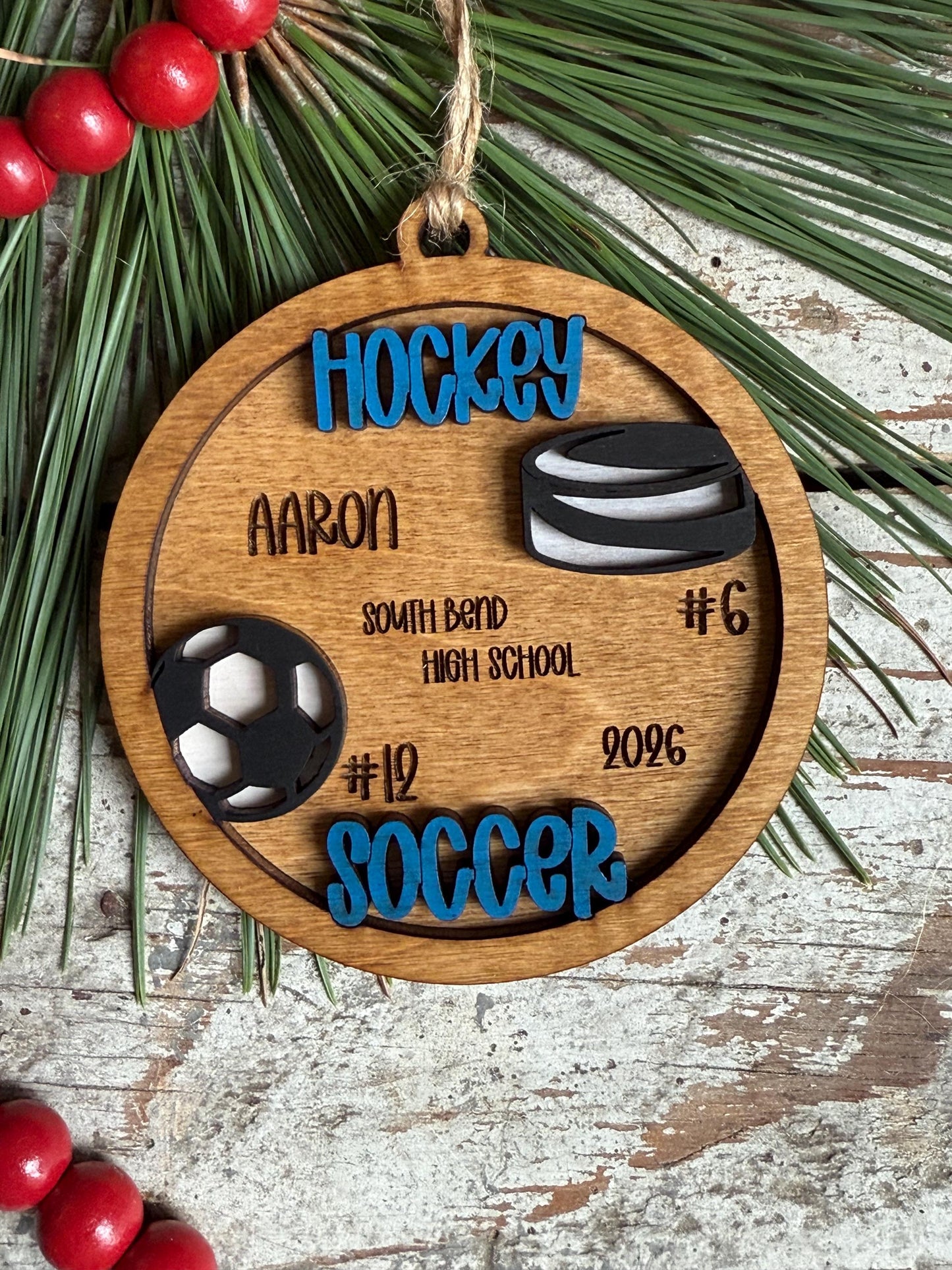 Personalized Hockey Soccer Player Ornament | Custom Multi-Sport High School Christmas Tree Decoration | Senior 2 Sport Athlete
