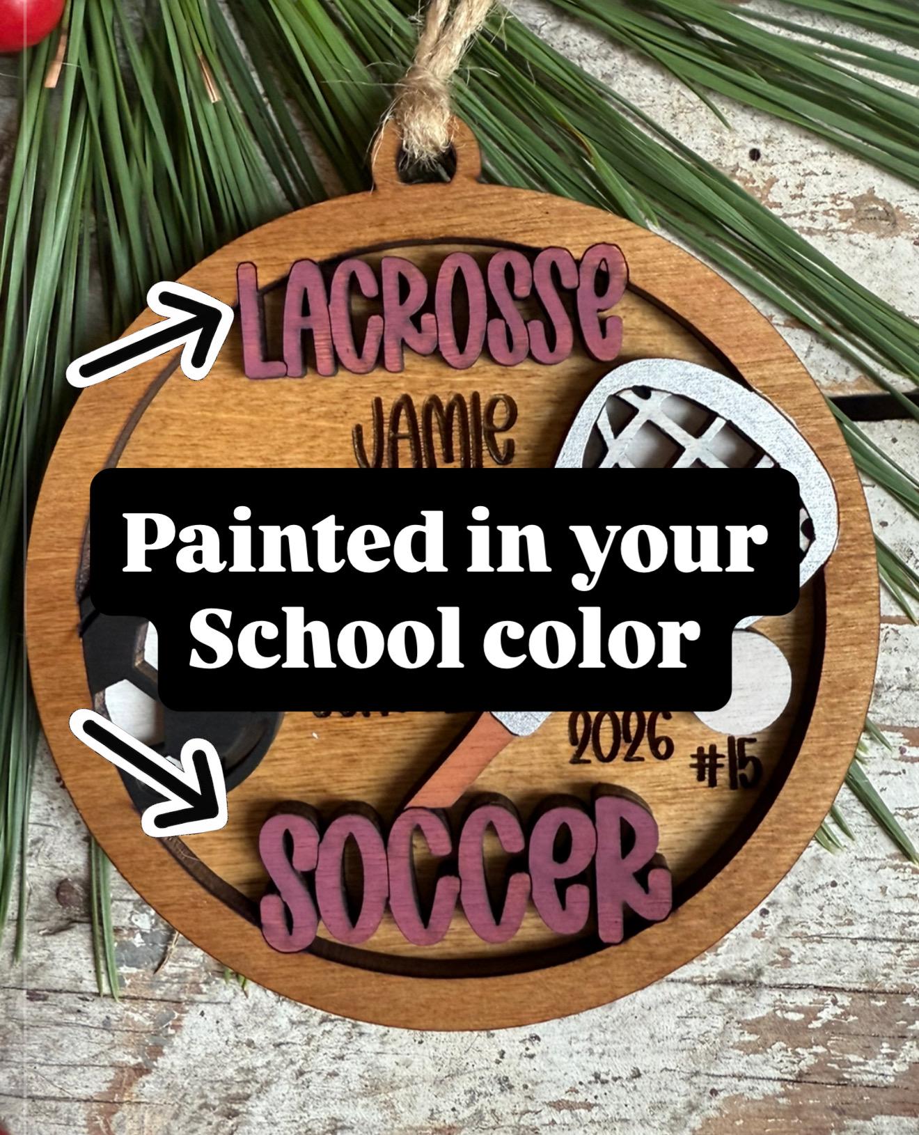 Personalized Lacrosse Soccer Player Christmas Tree Ornament | Gift for Multi Sport High School Athlete| Senior Soccer Basketball 2 Sport