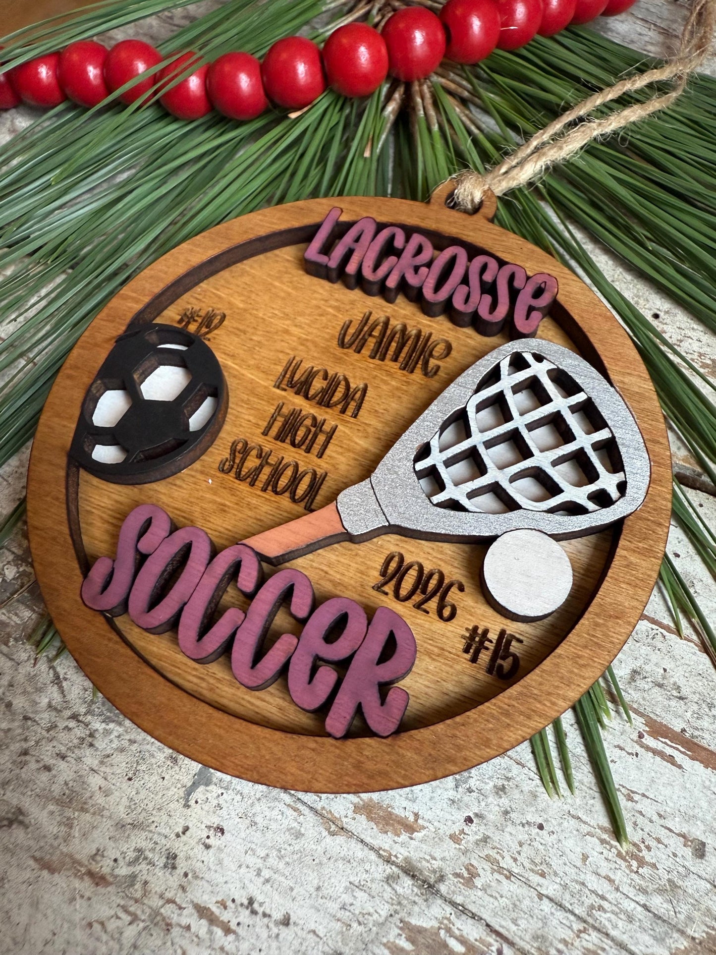 Personalized Lacrosse Soccer Player Christmas Tree Ornament | Gift for Multi Sport High School Athlete| Senior Soccer Basketball 2 Sport