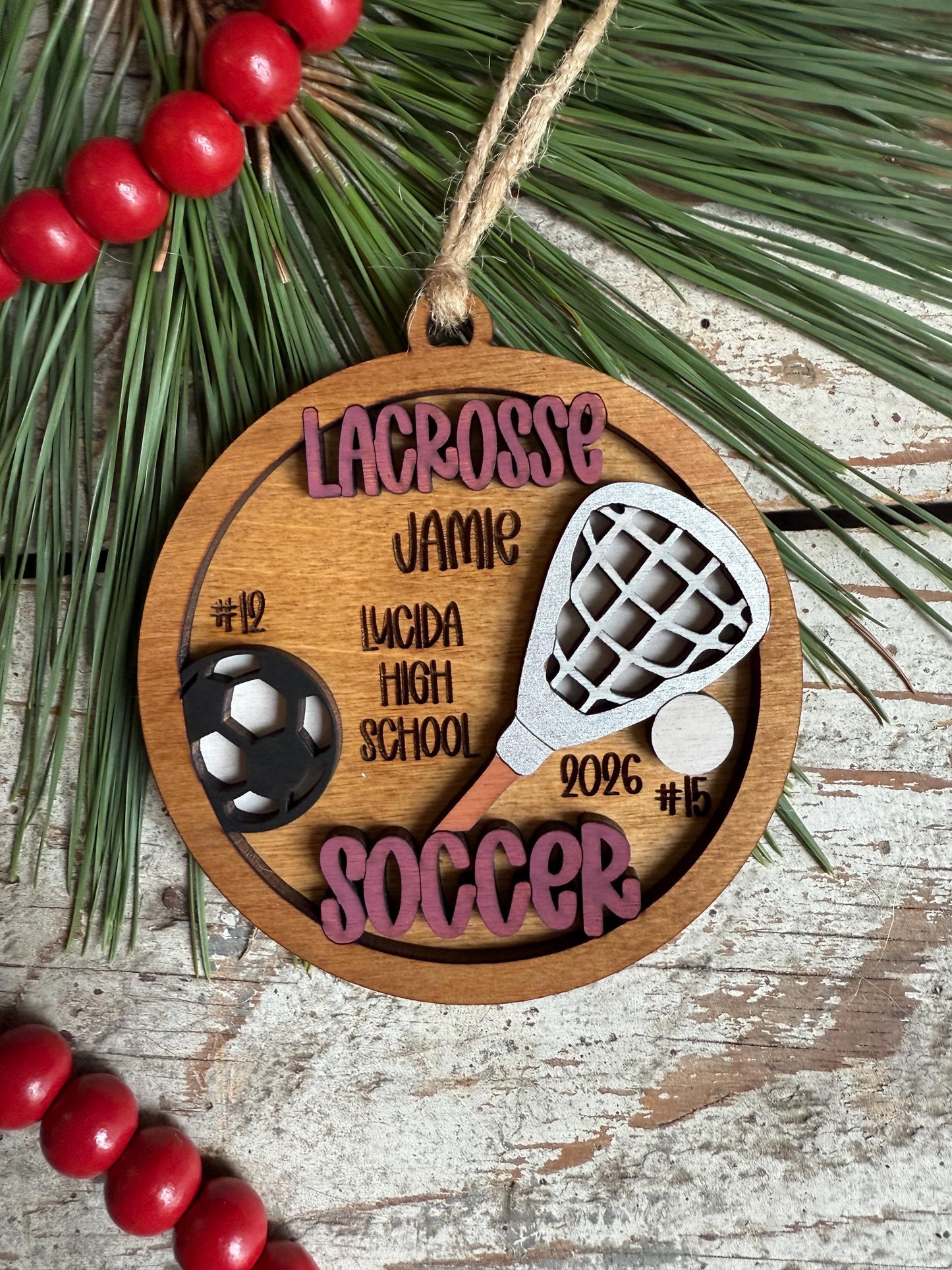 Personalized Lacrosse Soccer Player Christmas Tree Ornament | Gift for Multi Sport High School Athlete| Senior Soccer Basketball 2 Sport