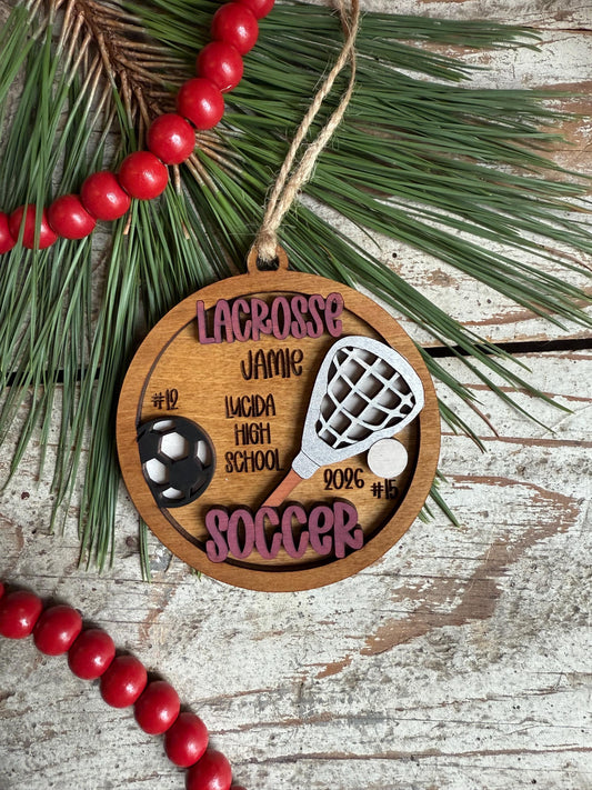 Personalized Lacrosse Soccer Player Christmas Tree Ornament | Gift for Multi Sport High School Athlete| Senior Soccer Basketball 2 Sport