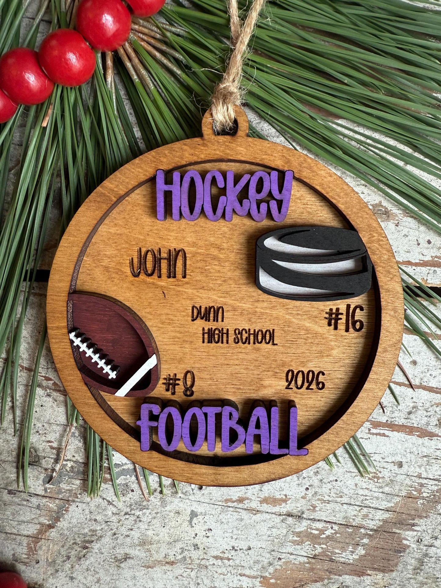 Personalized Hockey Football Player Christmas Tree Ornament | Gift for Multi Sport High School Athlete| Present for Senior in 2 Sports