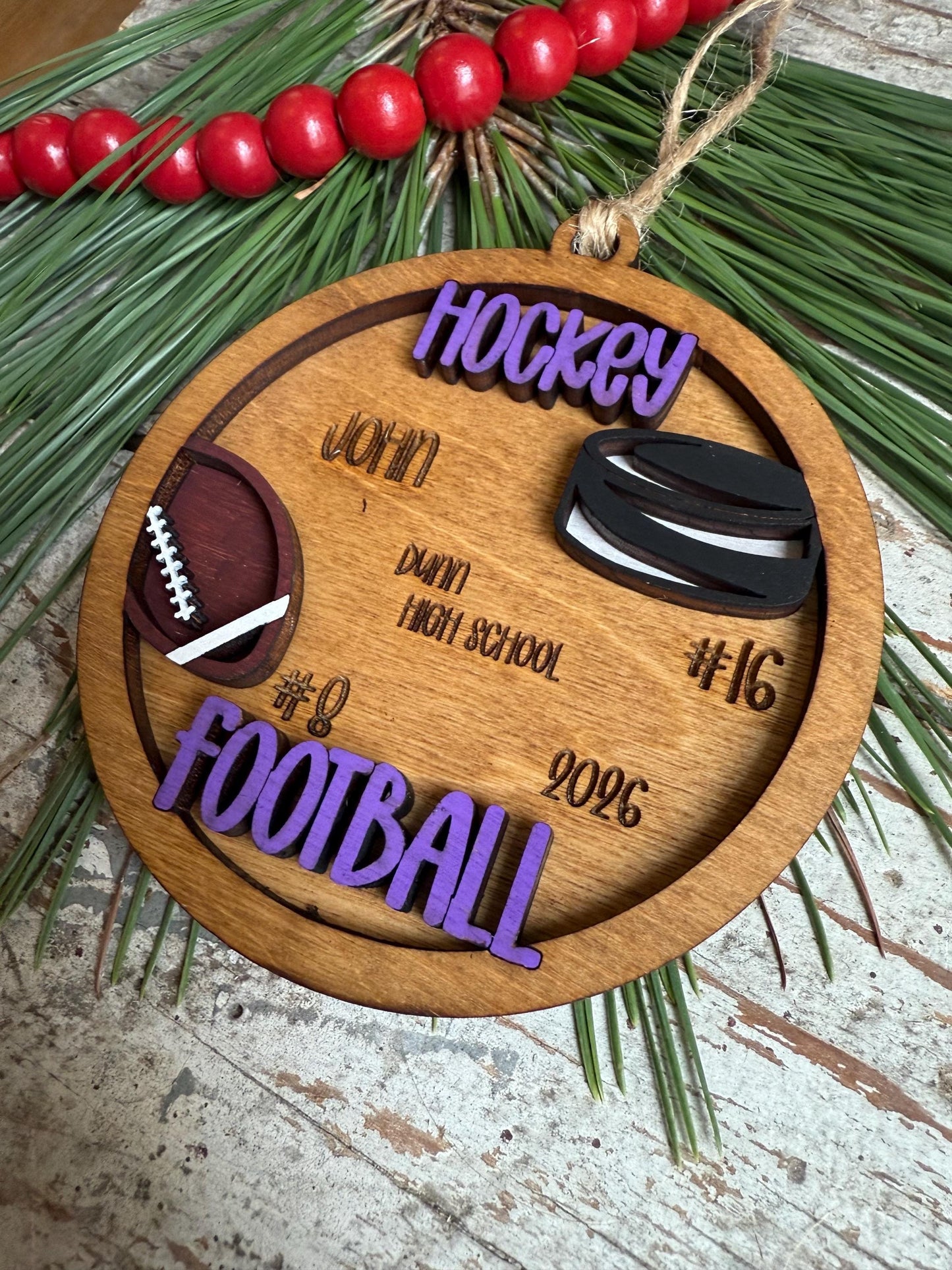 Personalized Hockey Football Player Christmas Tree Ornament | Gift for Multi Sport High School Athlete| Present for Senior in 2 Sports