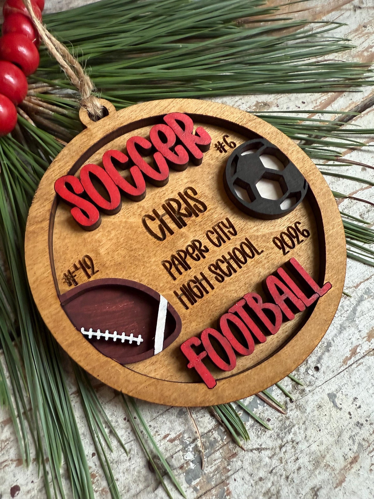 Personalized Soccer Football Player Christmas Tree Ornament | Gift for Multi Sport High School Athlete| Present for Senior in 2 Sports