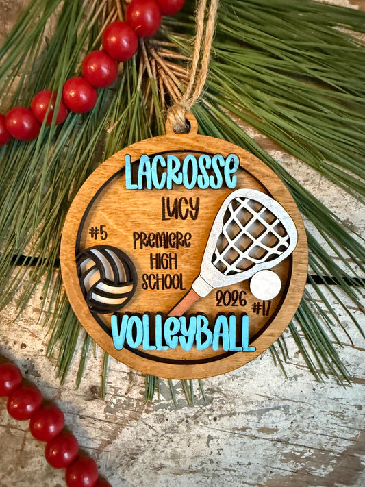 Personalized Multi Sport Lacrosse Volleyball Player Christmas Tree Ornament | Gift for High School Team | Custom Coach | Senior 2 Sports