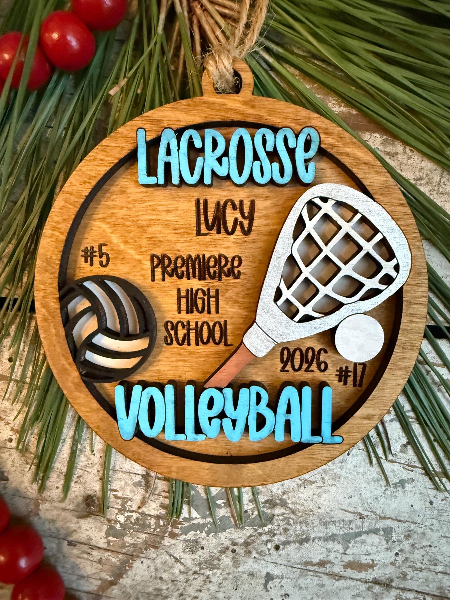 Personalized Multi Sport Lacrosse Volleyball Player Christmas Tree Ornament | Gift for High School Team | Custom Coach | Senior 2 Sports