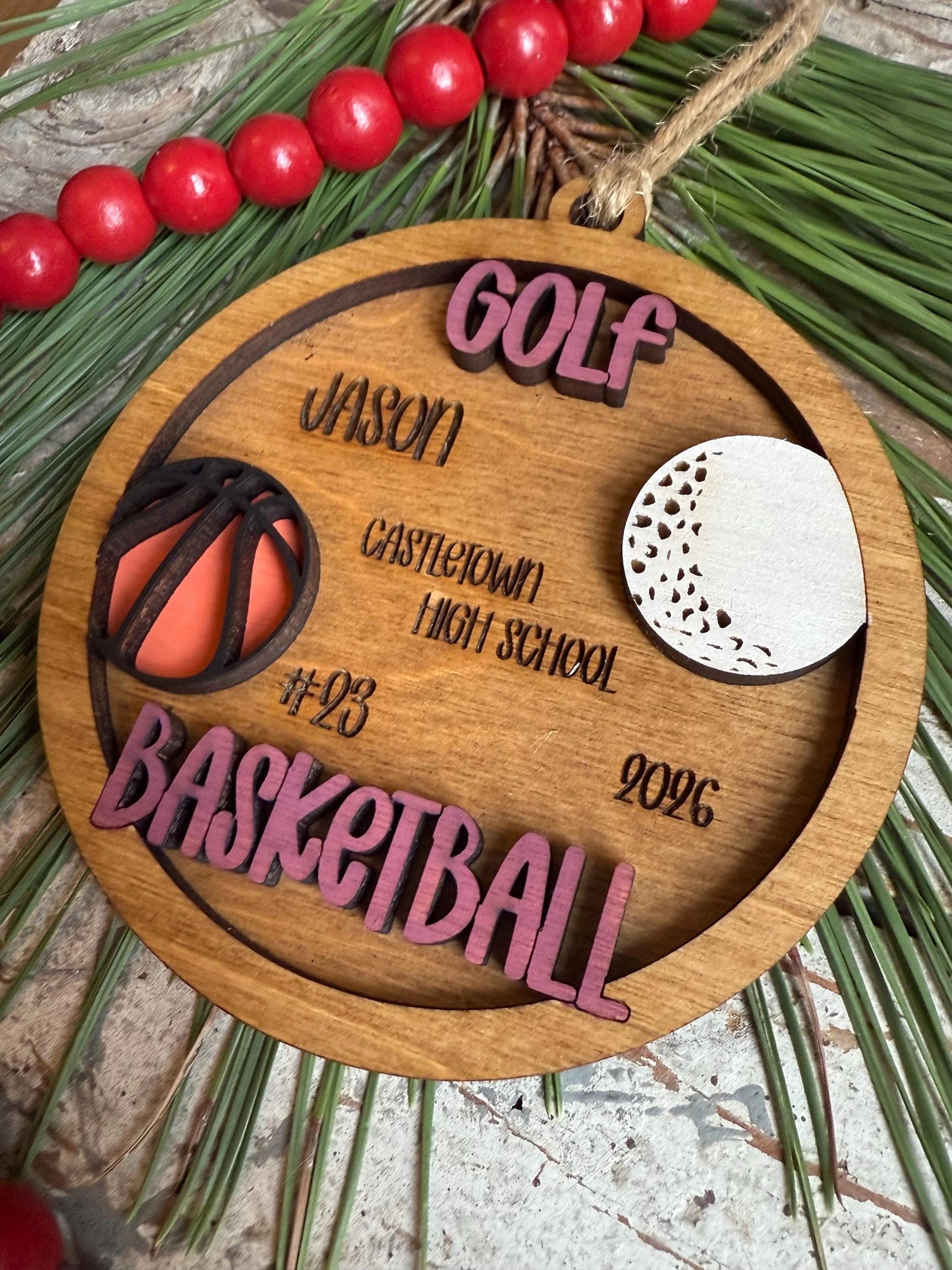 Personalized Golf Basketball Player Christmas Tree Ornament | Gift for Multi Sport High School Athlete| Present for Senior in 2 Sports
