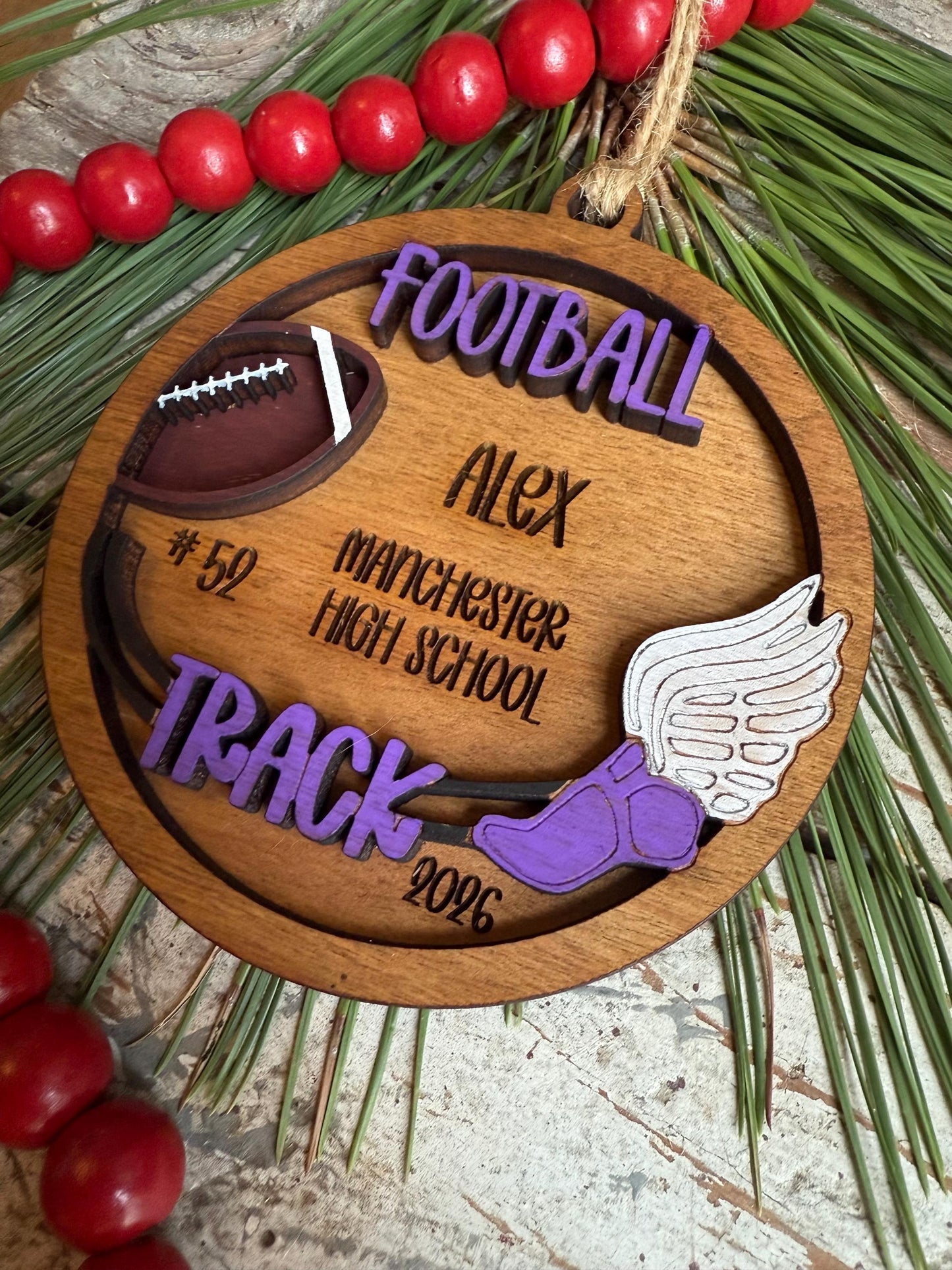 Personalized Football Track Christmas Tree Ornament | Gift for Multi Sport High School Athlete| Senior Baseball Player Football 2 Sport