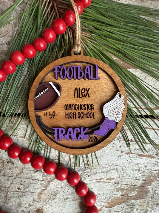 Personalized Football Track Christmas Tree Ornament | Gift for Multi Sport High School Athlete| Senior Baseball Player Football 2 Sport