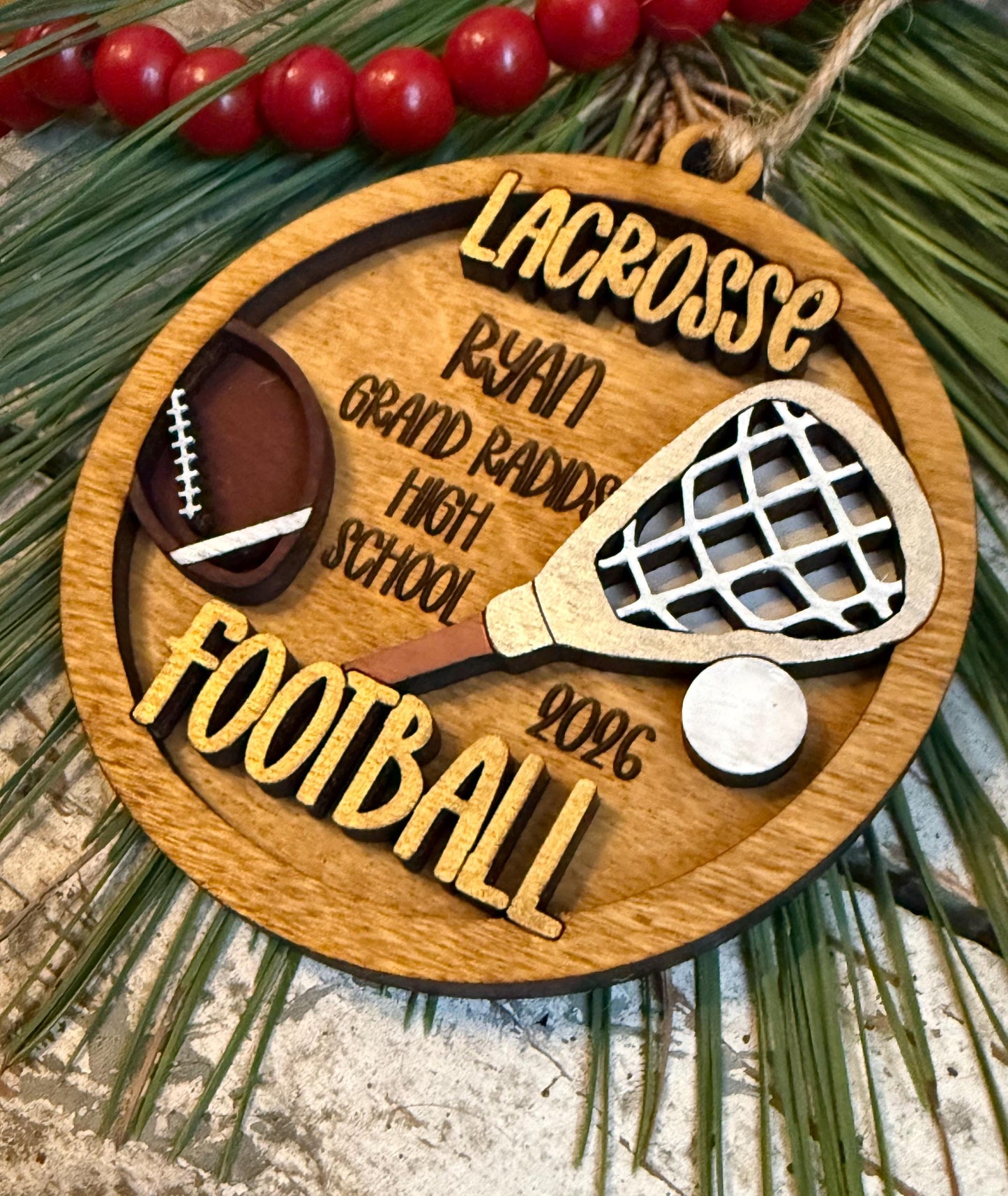 Personalized Lacrosse Football Player Christmas Tree Ornament | Gift for Multi Sport High School Athlete| Senior 2 Sport